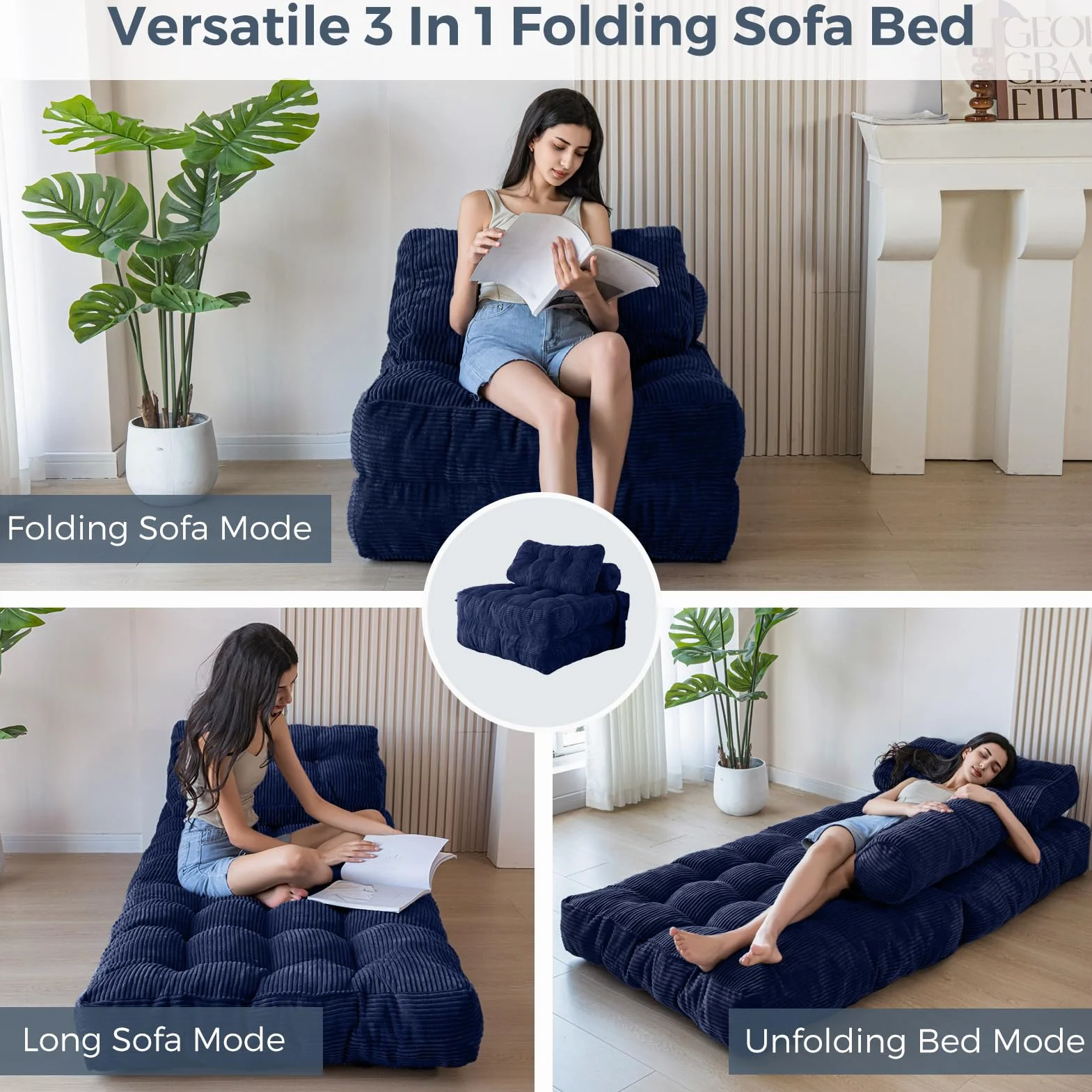 MAXYOYO Składana sofa do spania, przekształcany fotel do spania z poduszką, materac z podparciem oparcia, przenośne krzesło-łóżko, wygodna sofa podłogowa-lounge do salonu, sypialni, kolor granatowy