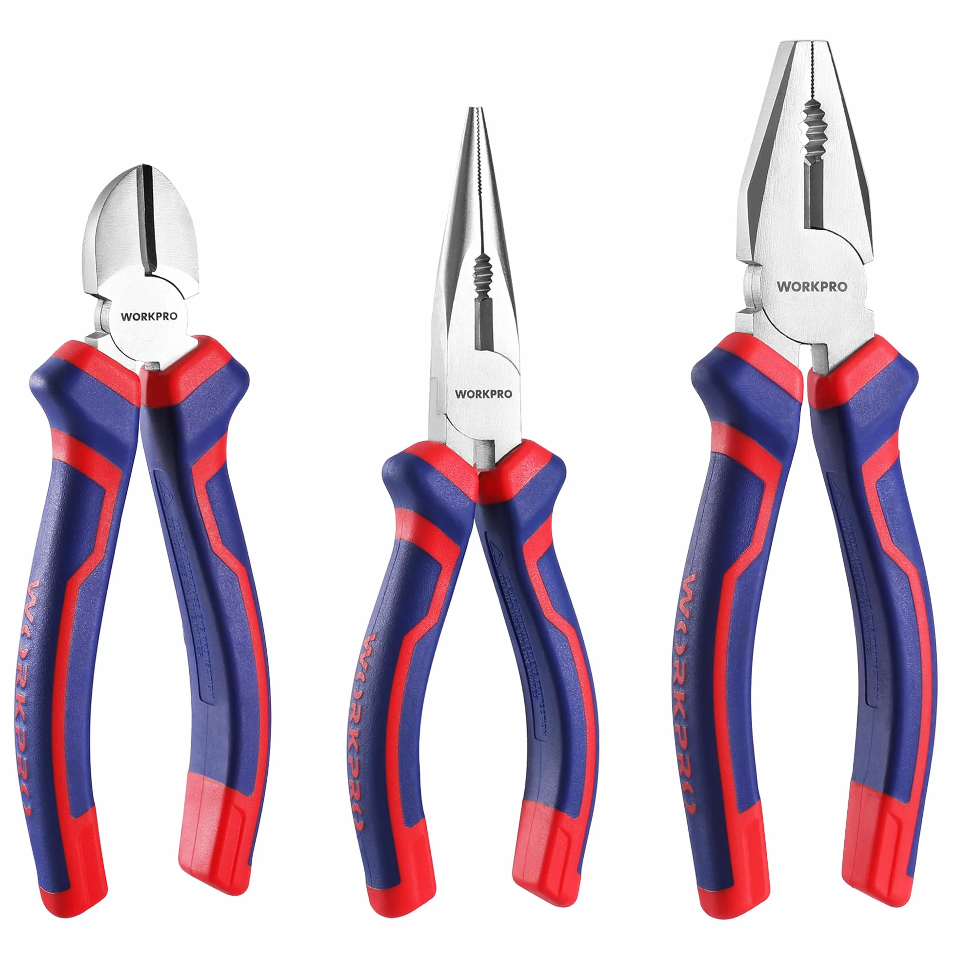 Workpro Zestaw 3 par szczypiec ze stali węglowej z miękkim uchwytem, wysoka jakość, szczypce długie 160 mm, szczypce tnące 160 mm, uniwersalne szczypce 185 mm do napraw w domu