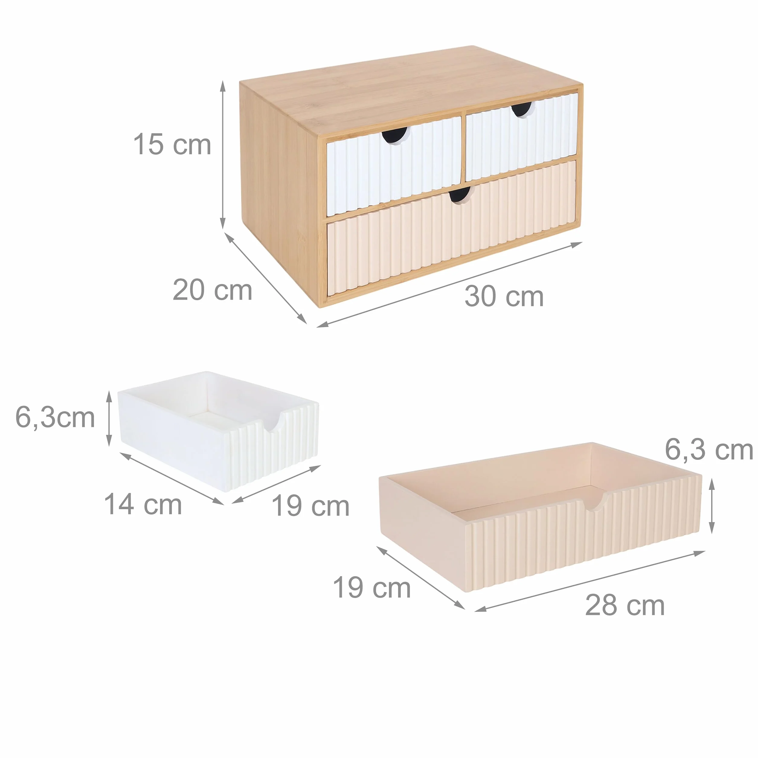 Relaxdays Pudełko z szufladami, bambus i MDF, 3 rowkowane szuflady, wys. x gł.: 15 x 30 x 20 cm, organizer na biurko, biały/różowy