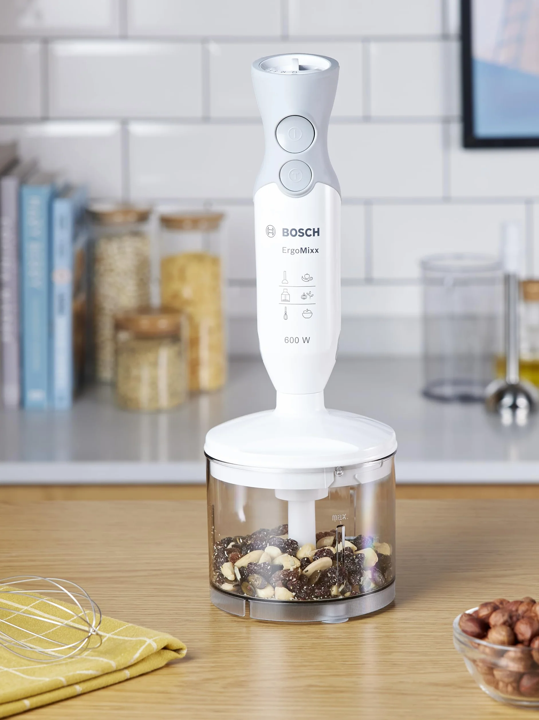 Bosch, blender ręczny ErgoMixx, 600 W, 12 prędkości, Turbo, QuattroBlade, rozdrabniacz, końcówka do puree, ubijaczka, pojemnik z miarką, MSM66155, biały