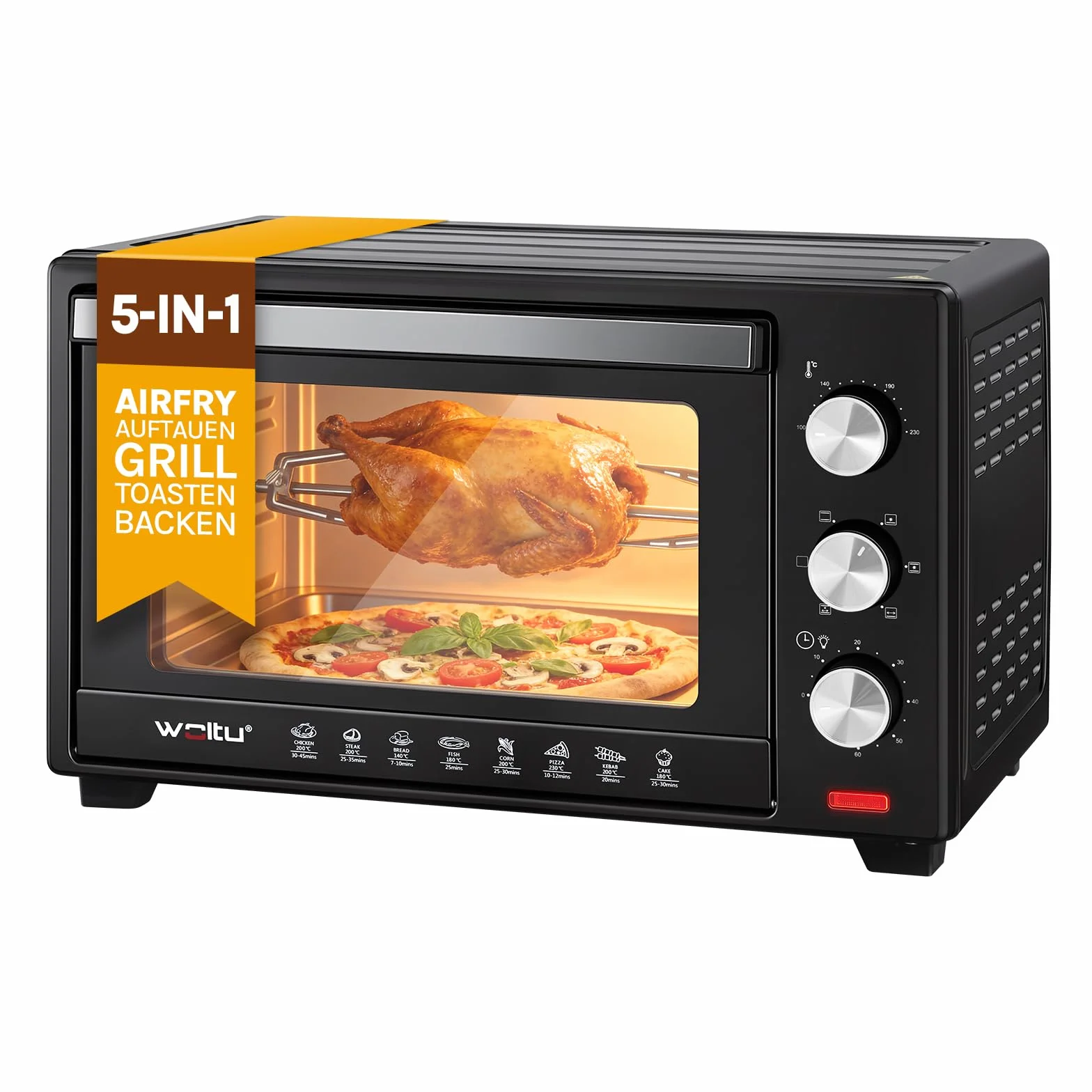 WOLTU mini piekarnik 32 litry, toster 1600 Watt | Piec do pizzy | Wyjmowana tacka na okruchy z minipiekarnikiem z timerem do pizzy, tostów, indyka, hot-dogów, czarnych