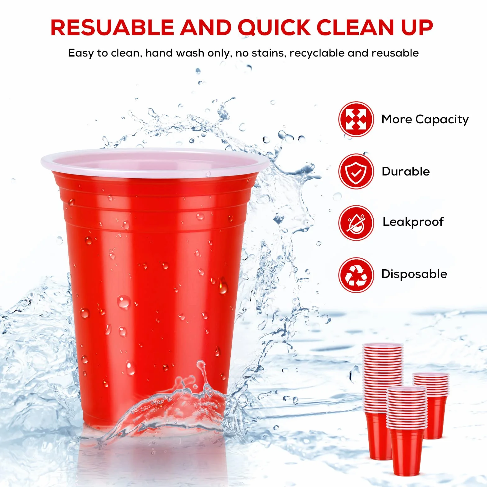 NUZEKY Zestaw 100 czerwonych kubków plastikowych 350 ml wielokrotnego użytku