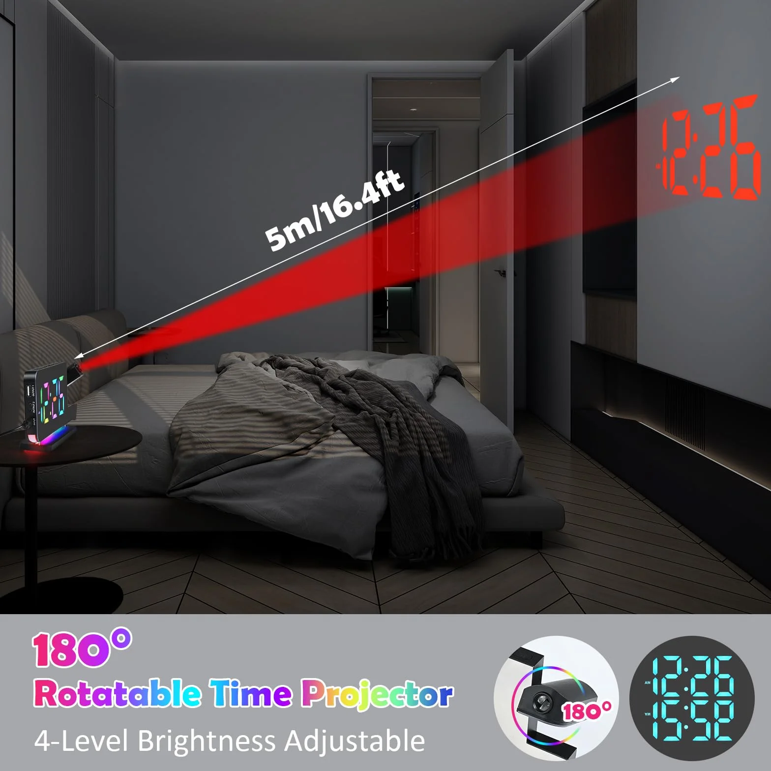 Euakee Budzik z projekcją, cyfrowy zegar z lustrem LED 7,4", 10 kolorów, projektor obracany o 180°, ładowarka USB, budzik z projektorem dla dzieci, sypialni, chłopców i dziewczynek