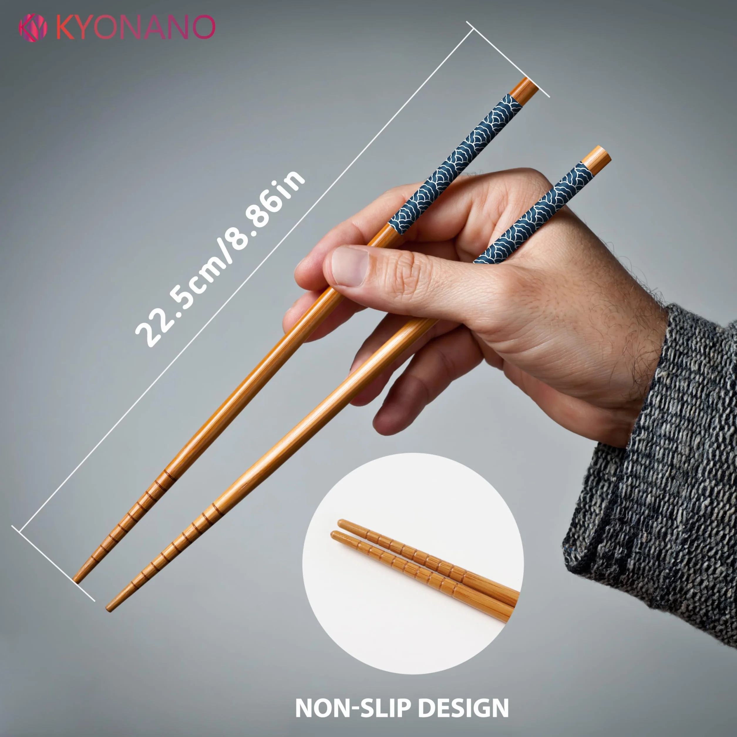 KYONANO 5 par japońskich pałeczek bambusowych, pałeczki wielokrotnego użytku 23 cm, pałeczki do sushi, zmywalne, pałeczki do zmywarki, lekko antypoślizgowe