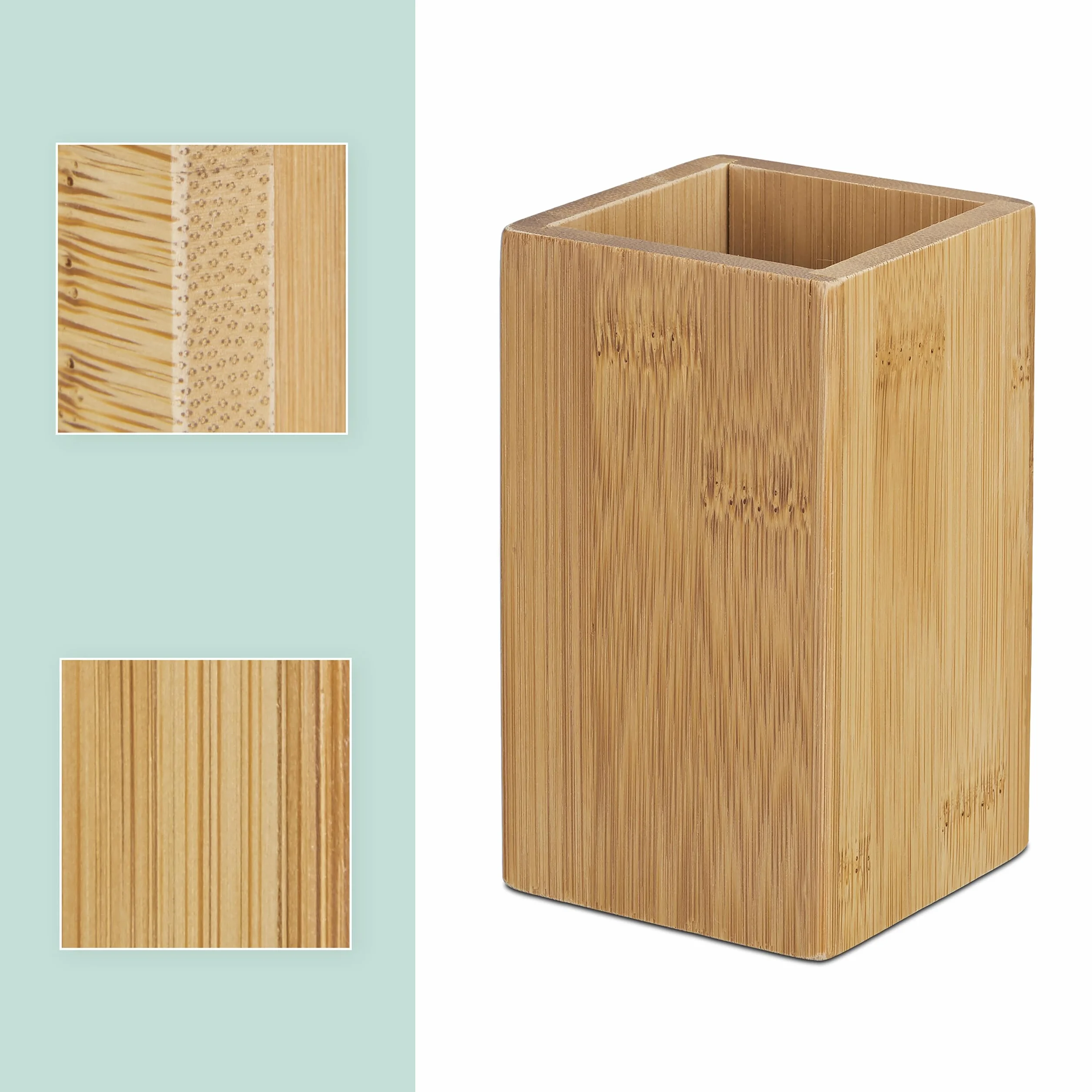 Relaxdays, naturalny kubek na szczoteczki do zębów, prostokątny, naturalny design, łazienka kubek na zęby, bambus powlekany PU, wys. x szer. x gł.: 11 x 6,5 x 6,5 cm, 6,5 x 6,5 x 11 cm