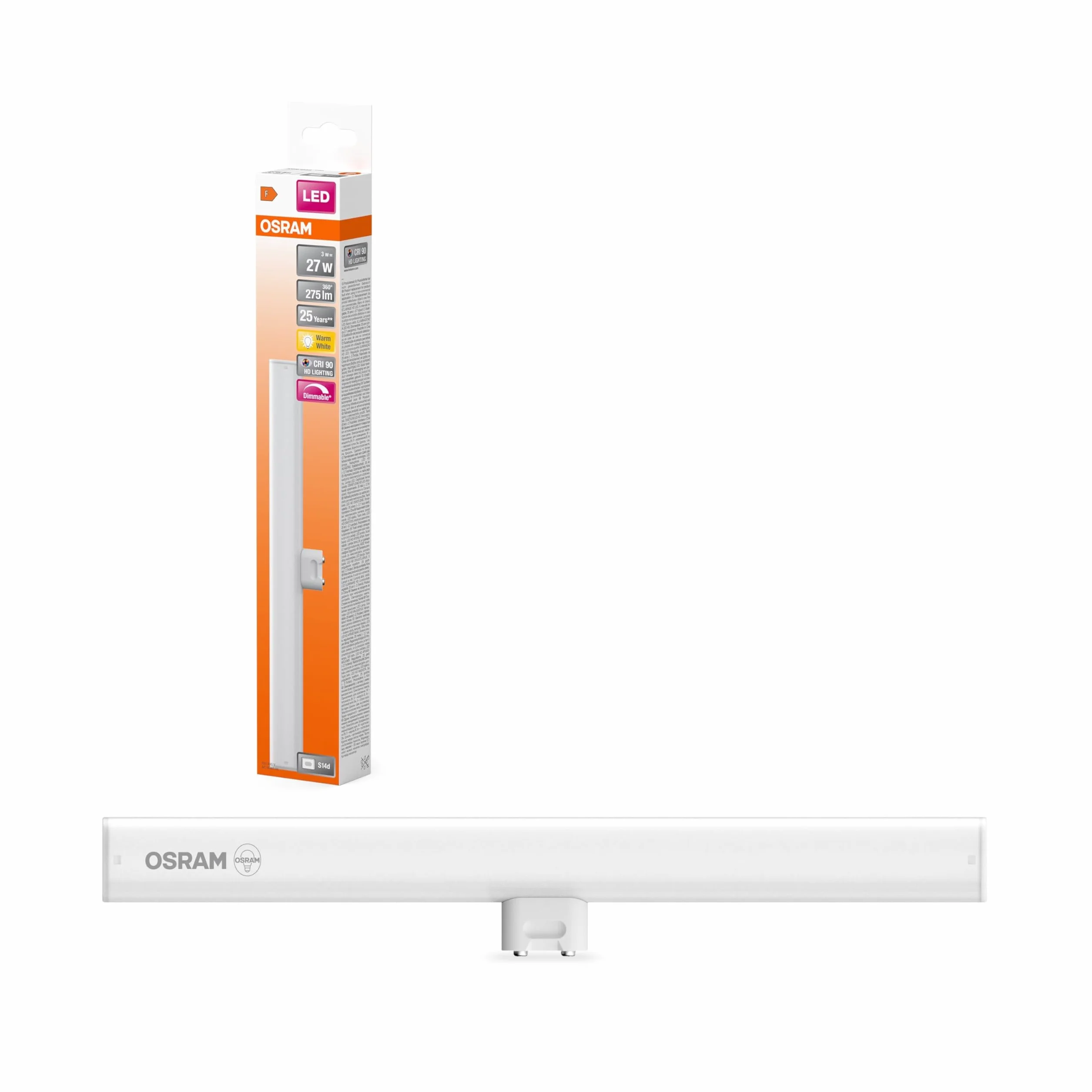 Lampa LED w kształcie pręta OSRAM LEDinestra z matowego tworzywa sztucznego, gniazdo S14d, ściemniane, ciepłe białe światło o temperaturze 2700 K, długość 30 cm, 3 W, 275 lm, doskonałe oddawanie barw