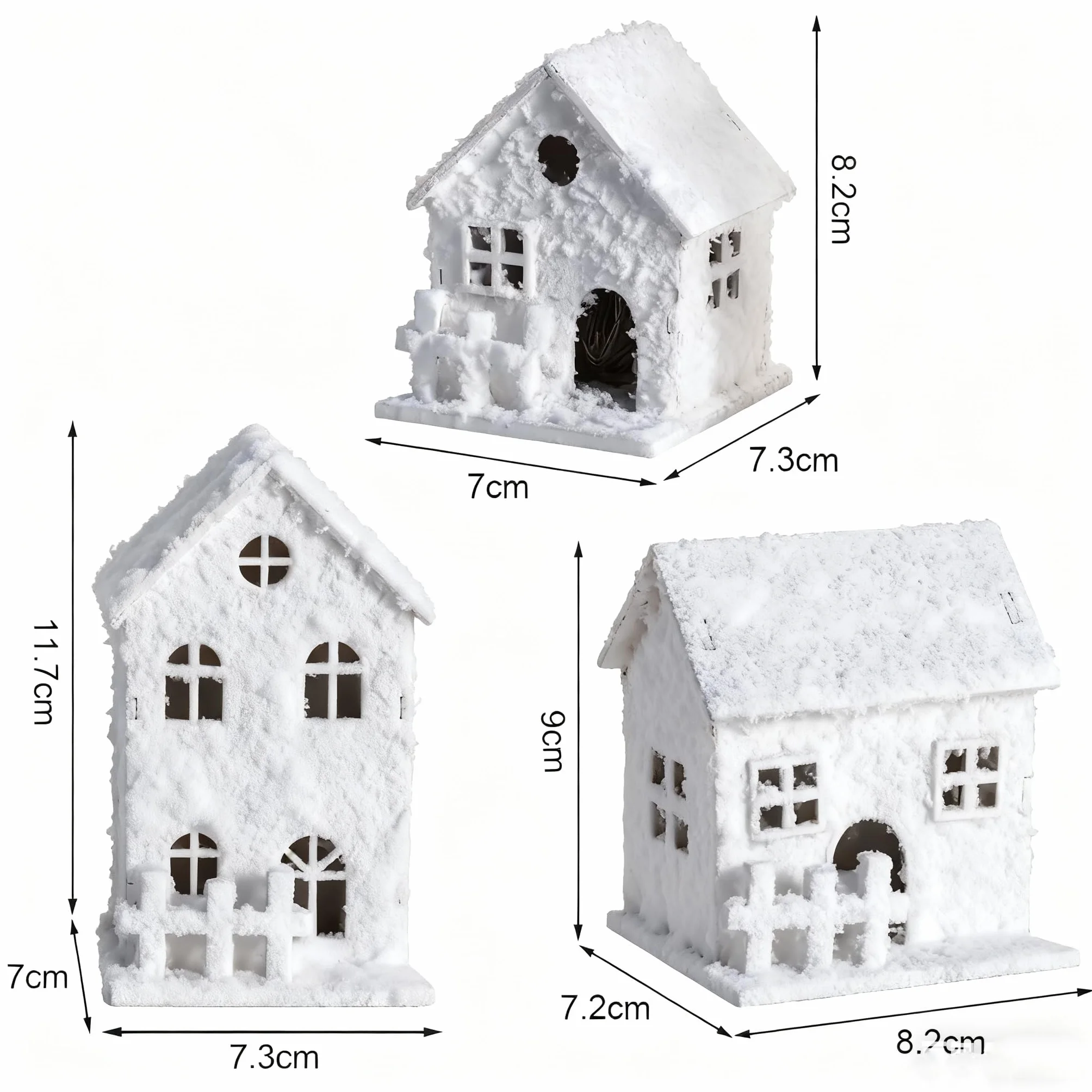 3 sztuki drewniana wioska bożonarodzeniowa, miniaturowy dom, biały śnieg, mini oświetlenie LED na baterie, dekoracja bożonarodzeniowa, małe akcesoria anime, lampka nocna, prezent zimowy