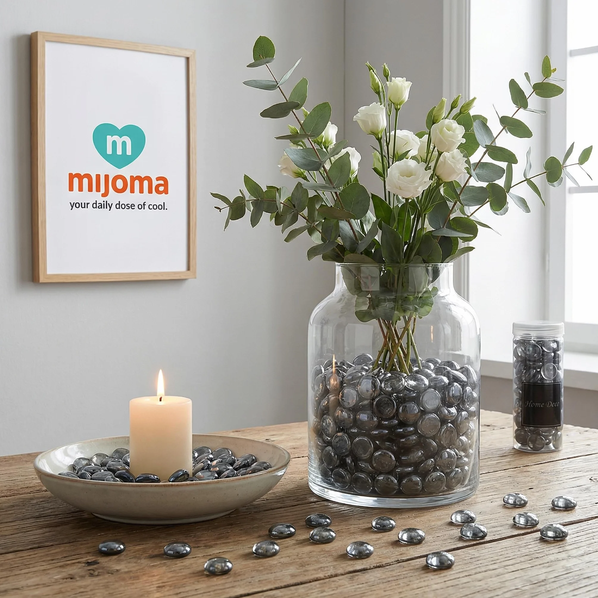 MIJOMA Dekoracyjne szklane nuggety ok. 154 sztuki – kamienie dekoracyjne ze szkła 400 g – okrągłe szklane kamienie do majsterkowania, wazony, dekoracja stołu "zrób to sam", do akwarium – kamienie Home