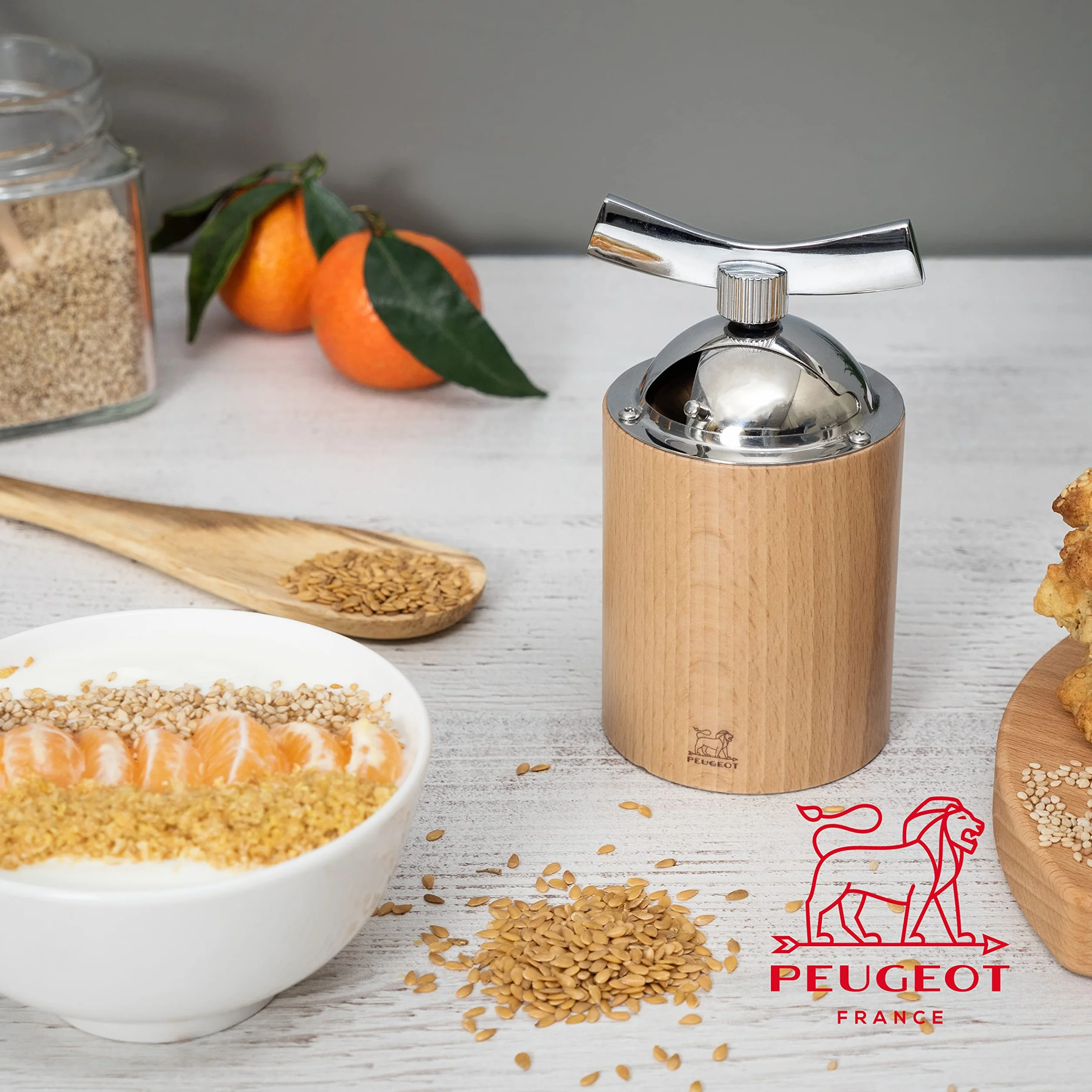 Peugeot Isen Ręczny młynek do siemienia lnianego, Kolor : Naturalny, Rozmiar : 13 cm, Materiał : Drewno/stal nierdzewna, 34535