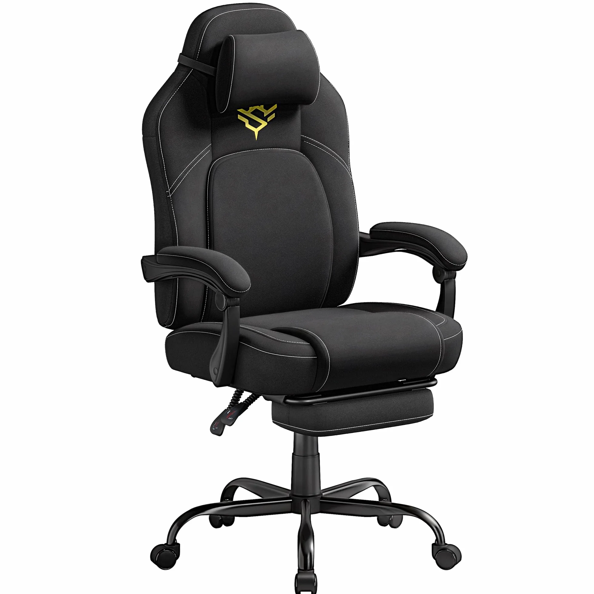 SONGMICS HOME Krzesło gamingowe, ergonomiczne krzesło komputerowe z podnóżkiem, krzesło biurowe, krzesło obrotowe z poduszką pod głowę, mieszanka bawełny i lnu, z regulacją wysokości, kolor czarny