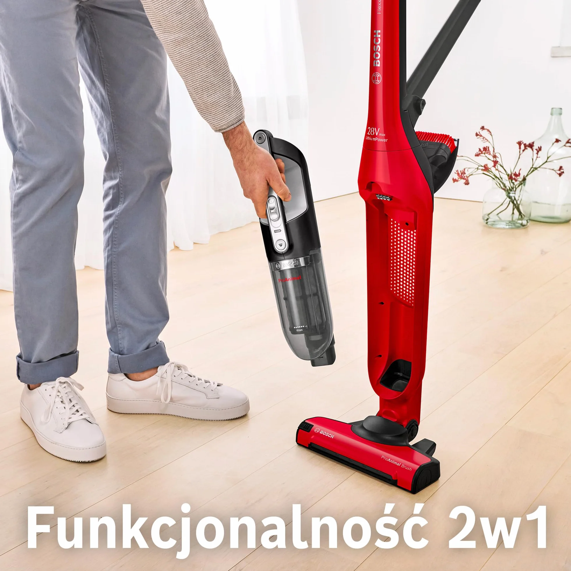Bosch, Flexxo Gen2 Serie 4, ProAnimal, 28 Vmax, 2w1, bezprzewodowy, bezworkowy odkurzacz ręczny i pionowy, zintegrowane akcesoria dla właścicieli zwierząt, czerwony, BBH3ZOO28