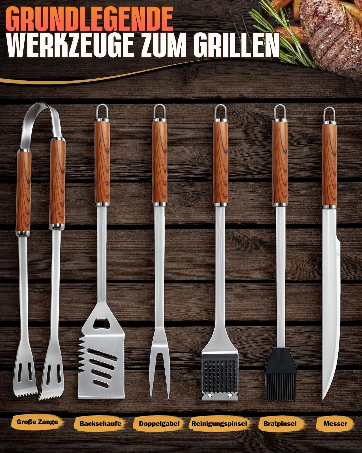 6-częściowy zestaw sztućców do grilla, ze stali nierdzewnej, akcesoria do grilla z torbą do przenoszenia, kompleksowe sztućce do grillowania na świeżym powietrzu, na kemping, akcesoria do grilla