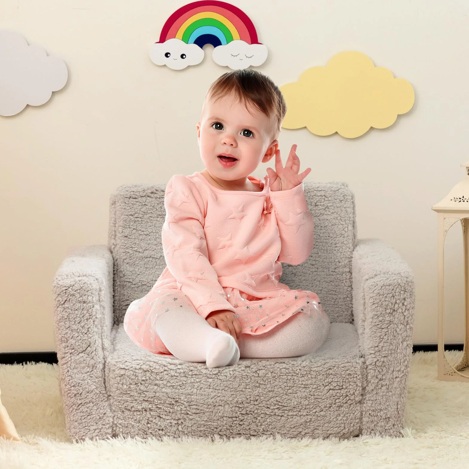 BEJOY Sofa dziecięca rozkładana 2 w 1, sofa z funkcją spania, fotel dziecięcy, Sherpa, rozkładana sofa do pokoju dziecięcego, na dzień dziecka i urodziny, dla dziewcząt i chłopców, jasnoszara