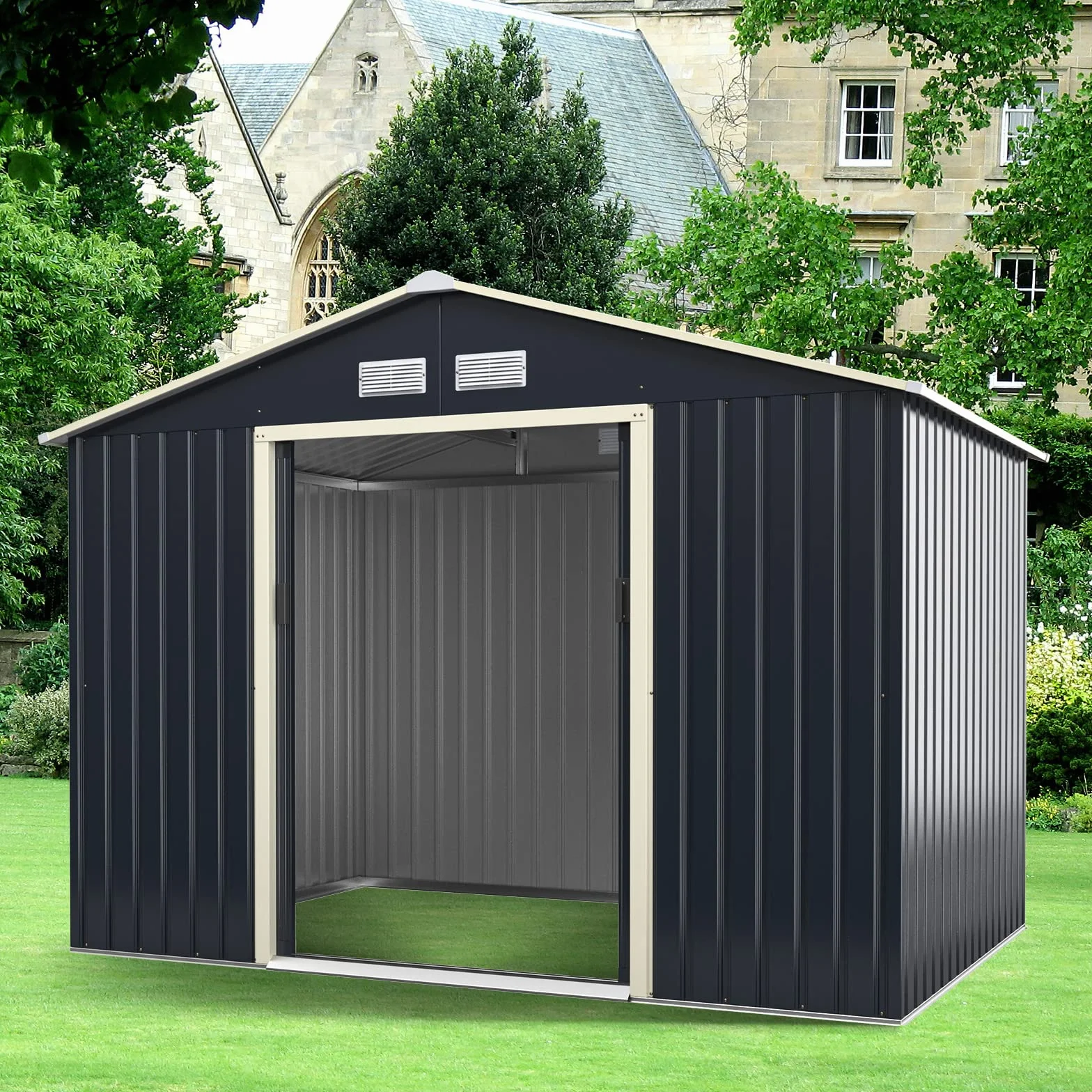 COSTWAY metalowa szopa na narzędzia, 277 x 191 x 202 cm, zamykana, domek ogrodowy z 4 otworami wentylacyjnymi i drzwiami przesuwnymi, szopa ogrodowa na kosiarki, rowery, narzędzia