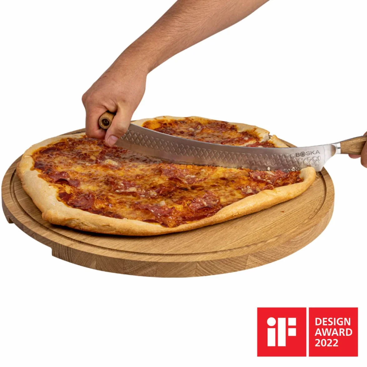 Boska Oslo+ Nóż do pizzy i sera/Powłoka nieprzywierająca BSF™ / Bezpieczne oburęczne użycie/Do pizzy i serów/Stylowy/Drewno dębowe i stal nierdzewna