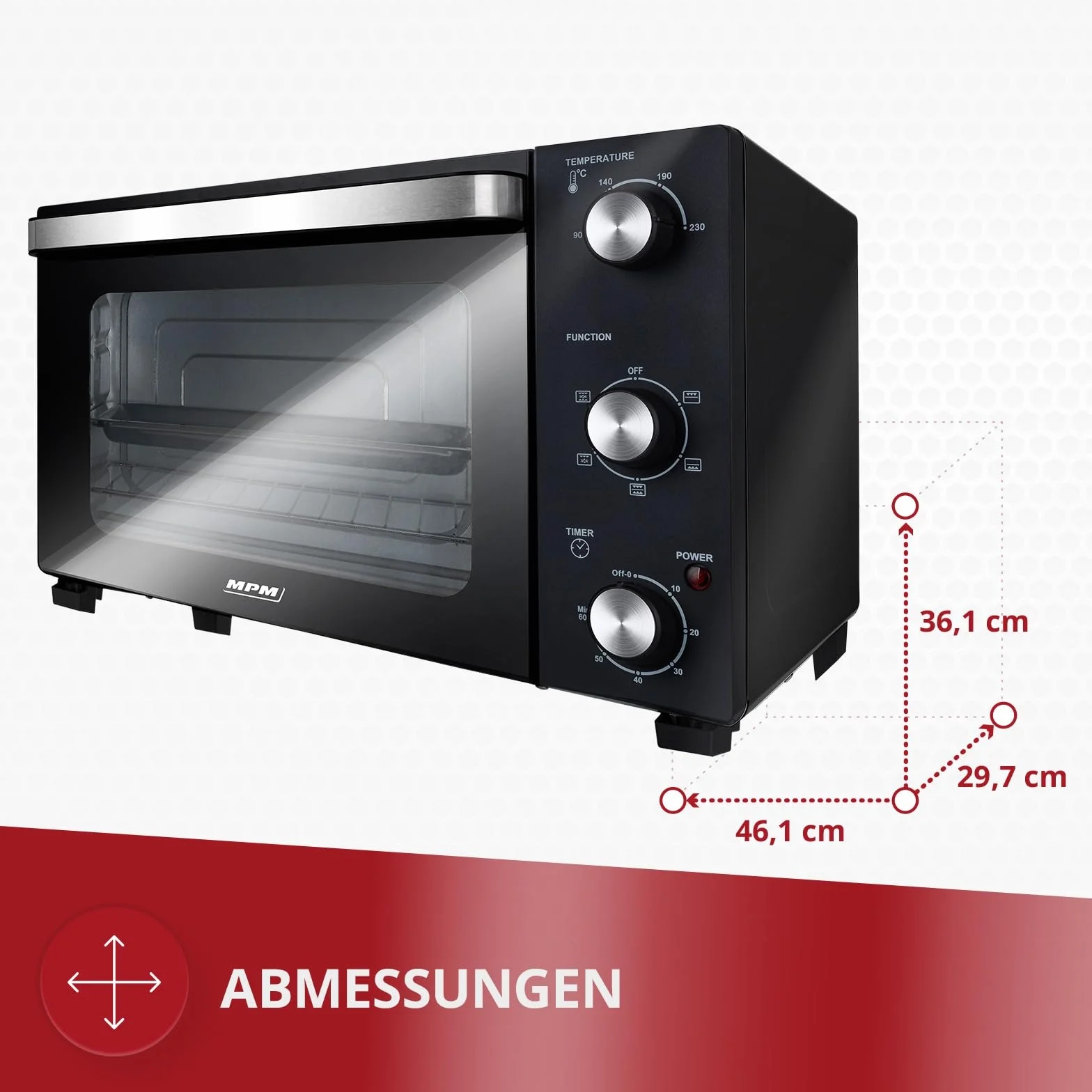MPM MPE-14/T mini piekarnik 22 l 1300 W 90-230°C timer 60 min podwójne szyby