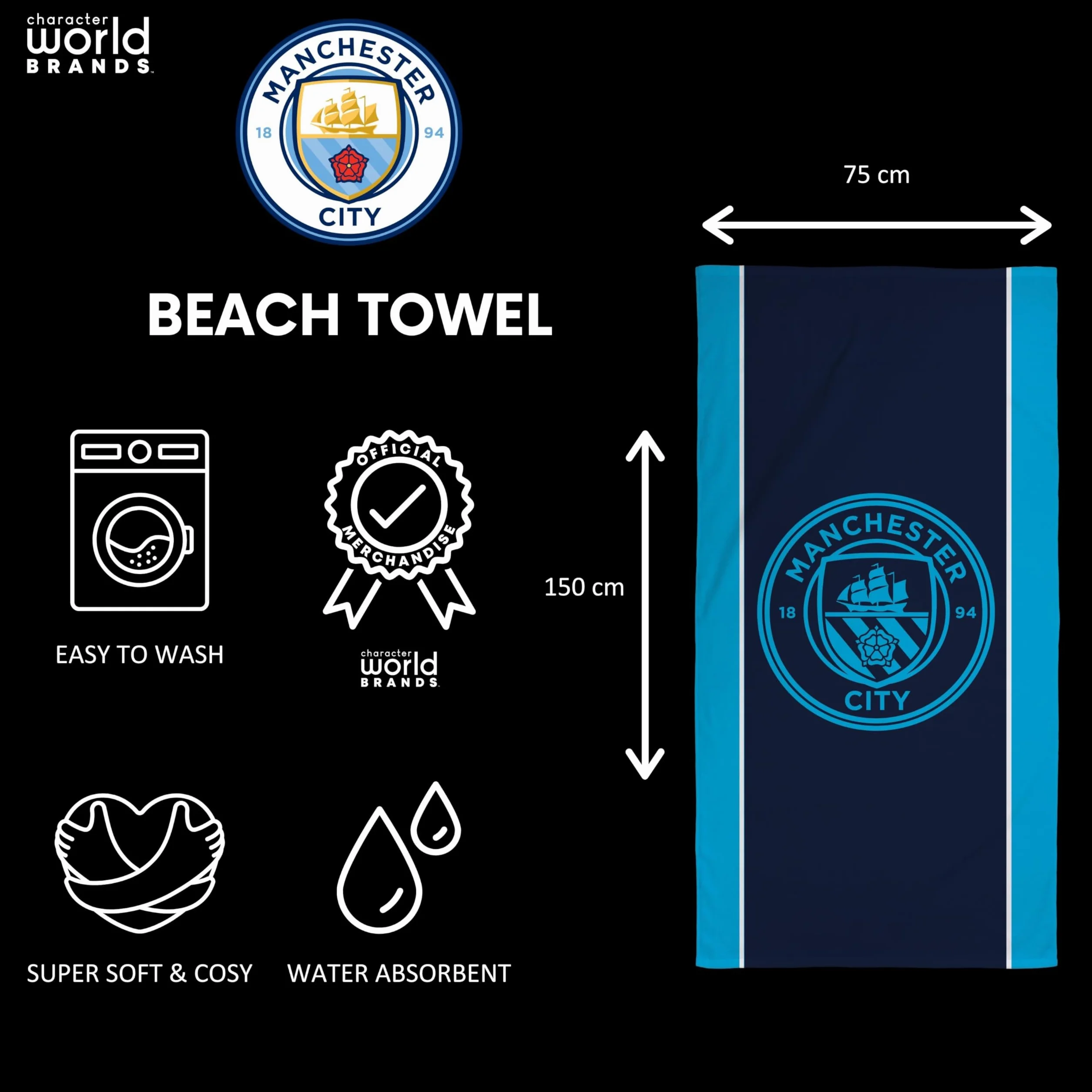 MANCHESTER CITY Ręcznik FC | Super miękki w dotyku, wzór klubu piłkarskiego | idealny do domu, wanny, plaży i basenu, jeden rozmiar 75 cm x 150 cm | 100% bawełna