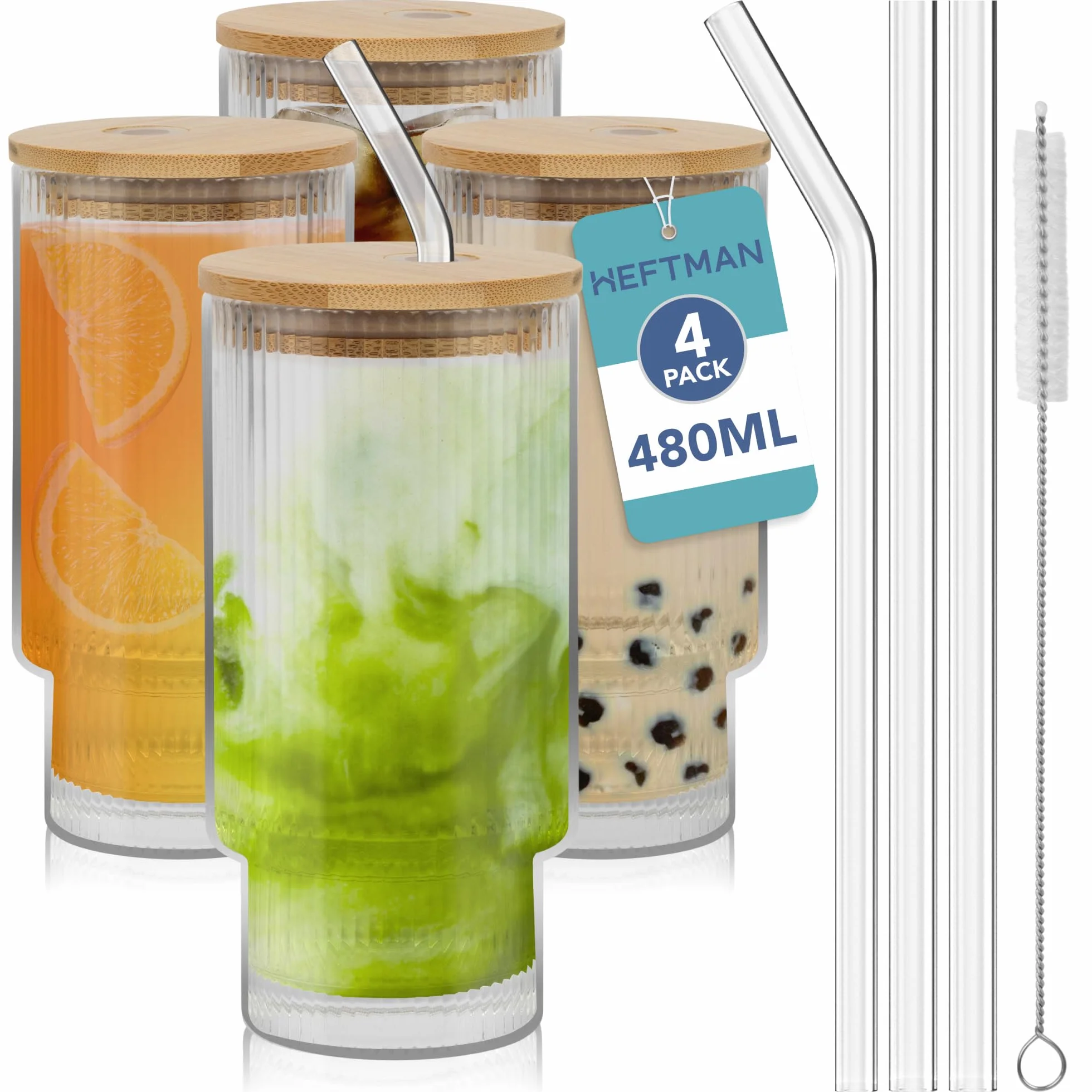 HEFTMAN Zestaw 4 szklanek z bambusowymi pokrywkami i szklanymi słomkami, 480 ml, z 2 szczotkami do czyszczenia