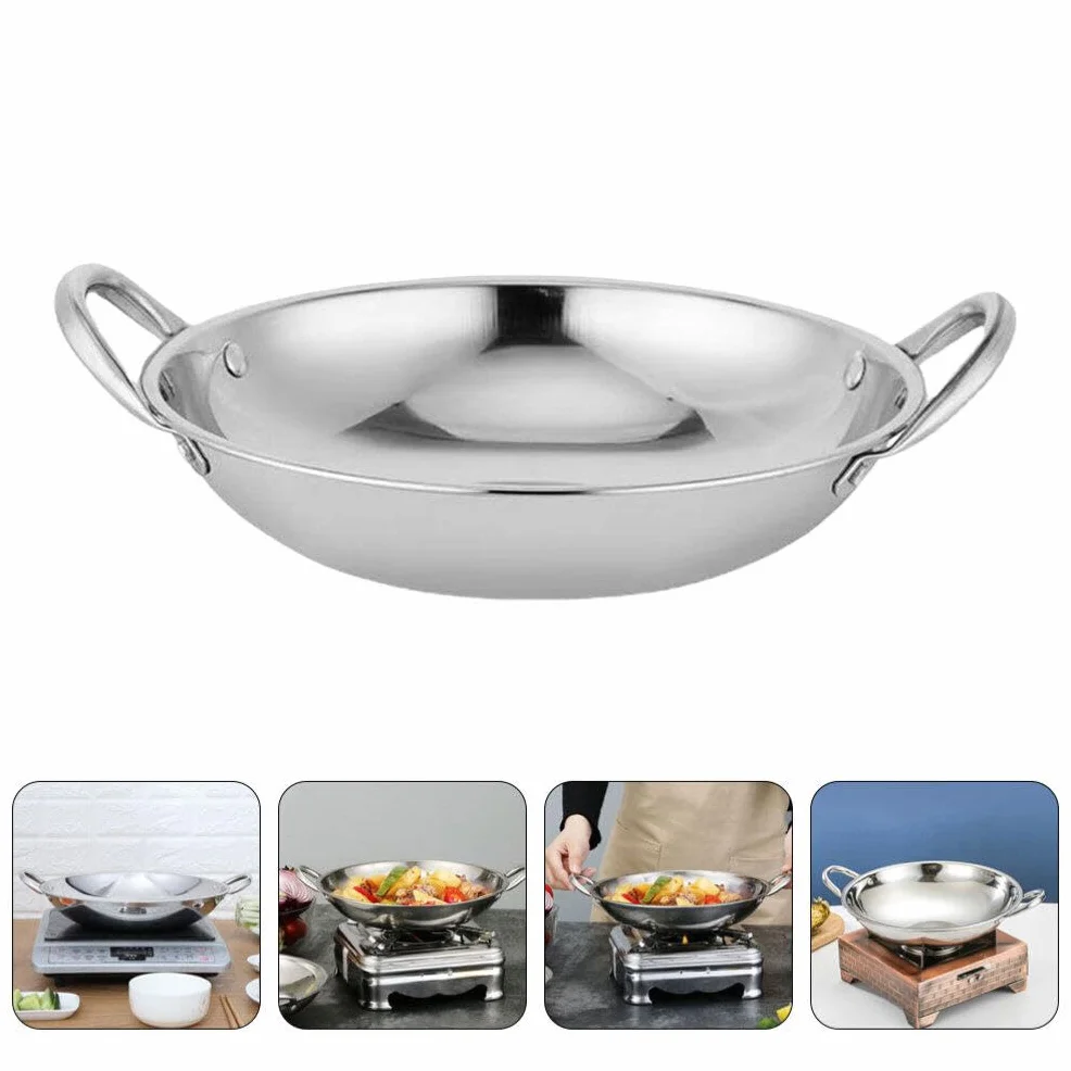 Wok Ze Stali Nierdzewnej Paella Pan Podwójny Uchwyt Okrągłym Dnem Patelnia Do Gotowania