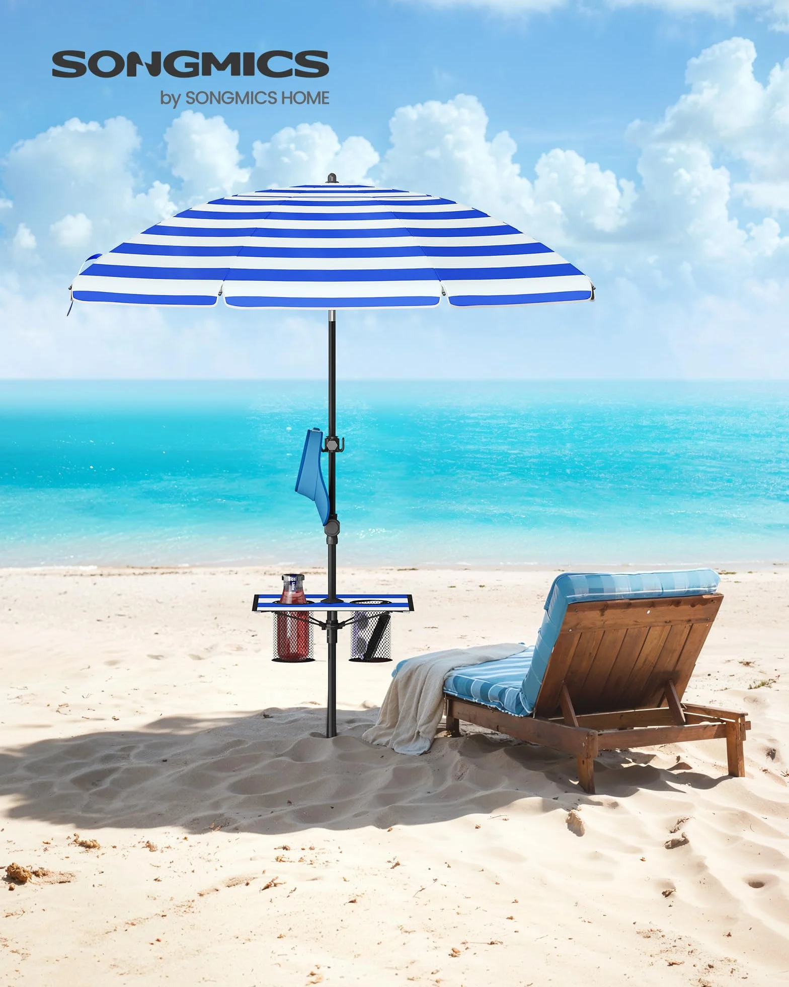 SONGMICS Parasol 160 cm, parasol plażowy, ochrona przeciwsłoneczna UPF 50+, składane boki 30°, regulacja wysokości, schowek, haczyki, nadaje się na plażę, bez stojaka, niebiesko-biały GPU0080Q02