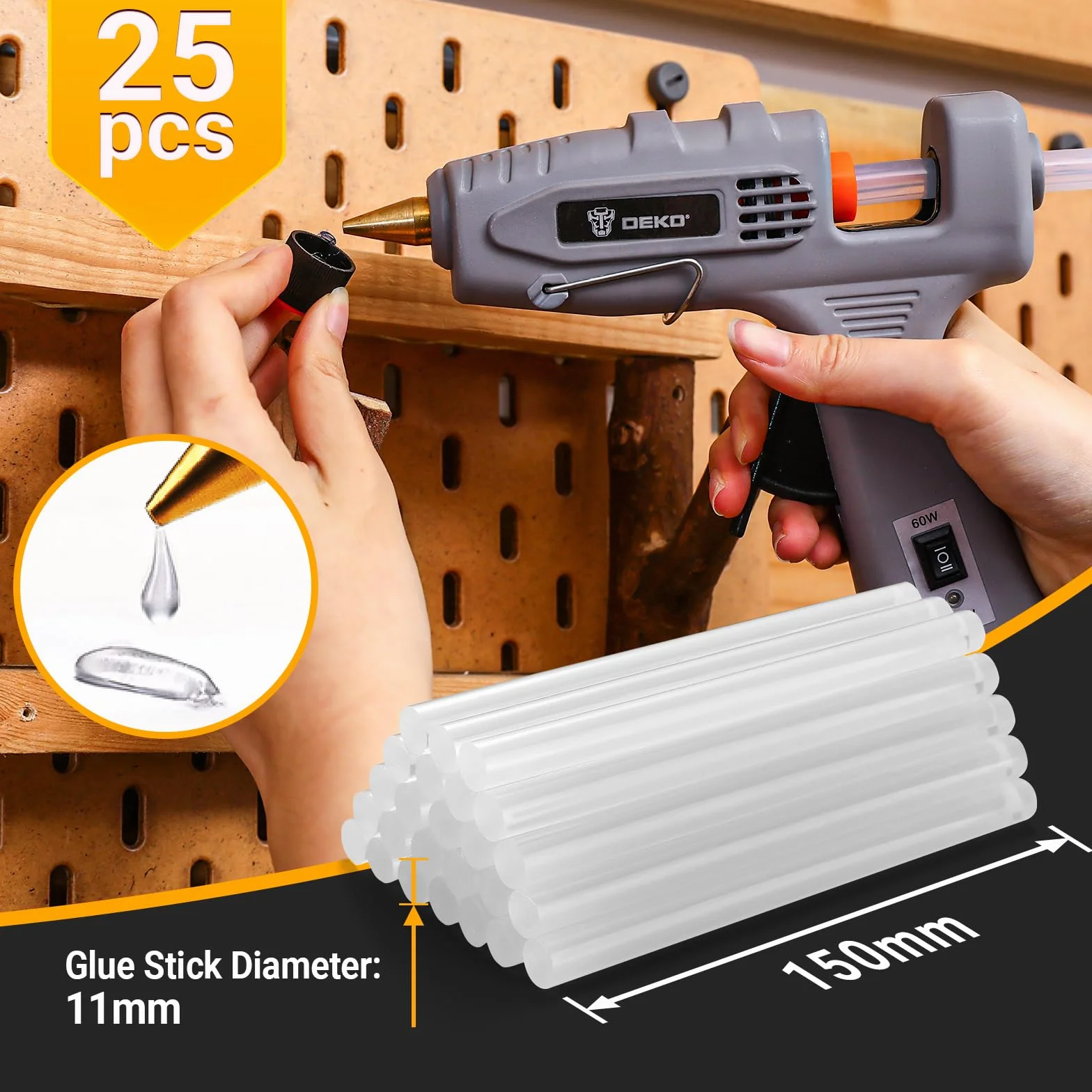 Pistolet do klejenia na gorąco 60/100 W: DEKO pistolet do klejenia z 25 pałeczkami do klejenia na gorąco 11 mm x 100 mm, do majsterkowania, sztuki, rzemiosła i szybkich napraw w domu i biurze, różowy