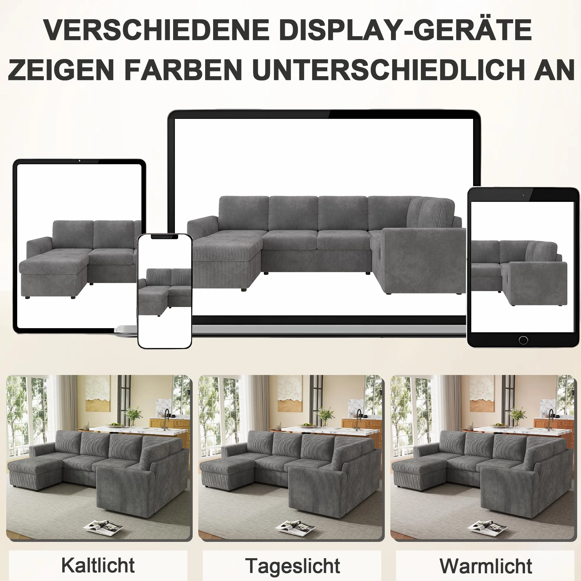 Nowoczesna sofa narożna w kształcie litery L z podłokietnikami, 1 wielofunkcyjny taboret, pianka o wysokiej gęstości, łatwy montaż, szara