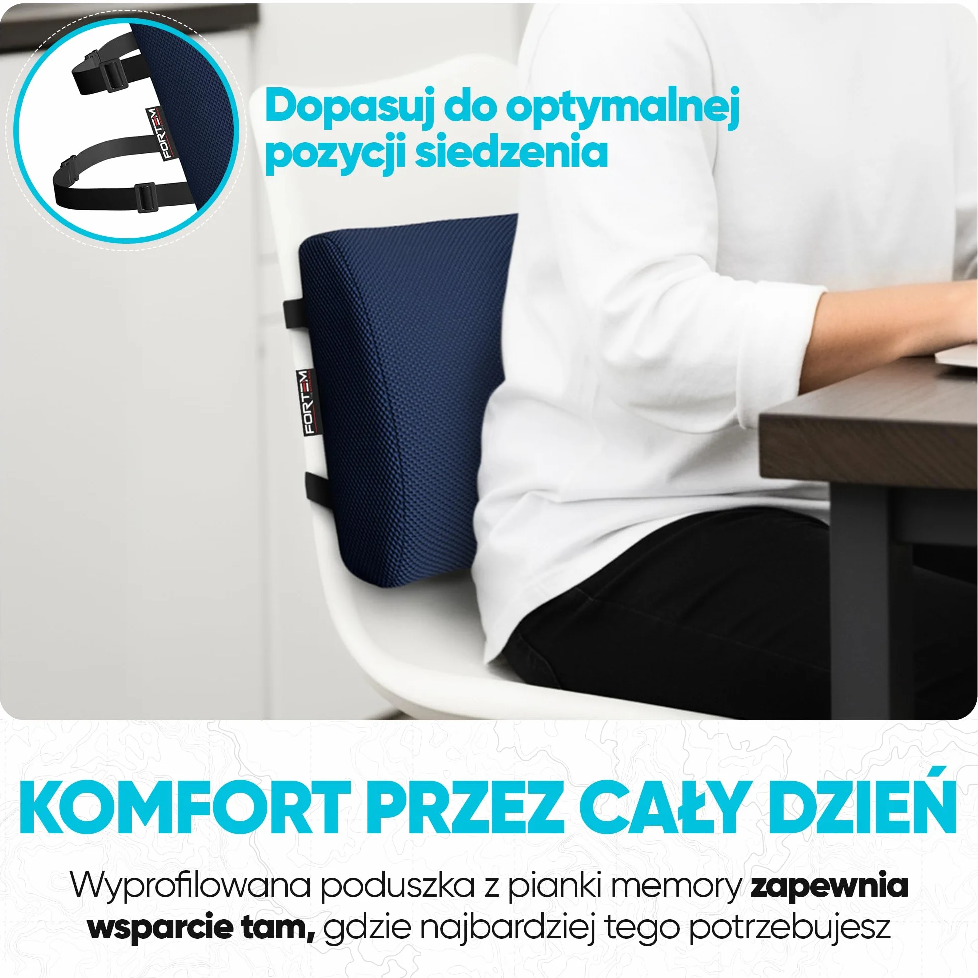 FORTEM Poduszka Lędźwiowa, Nakładka na Fotel Samochodowy, Poduszka Ortopedyczna na Krzesło, Nakładka na Krzesło Biurowe, Nakładka na Fotel z Pianki Termoelastycznej, Pokrowiec z Możliwością Prania