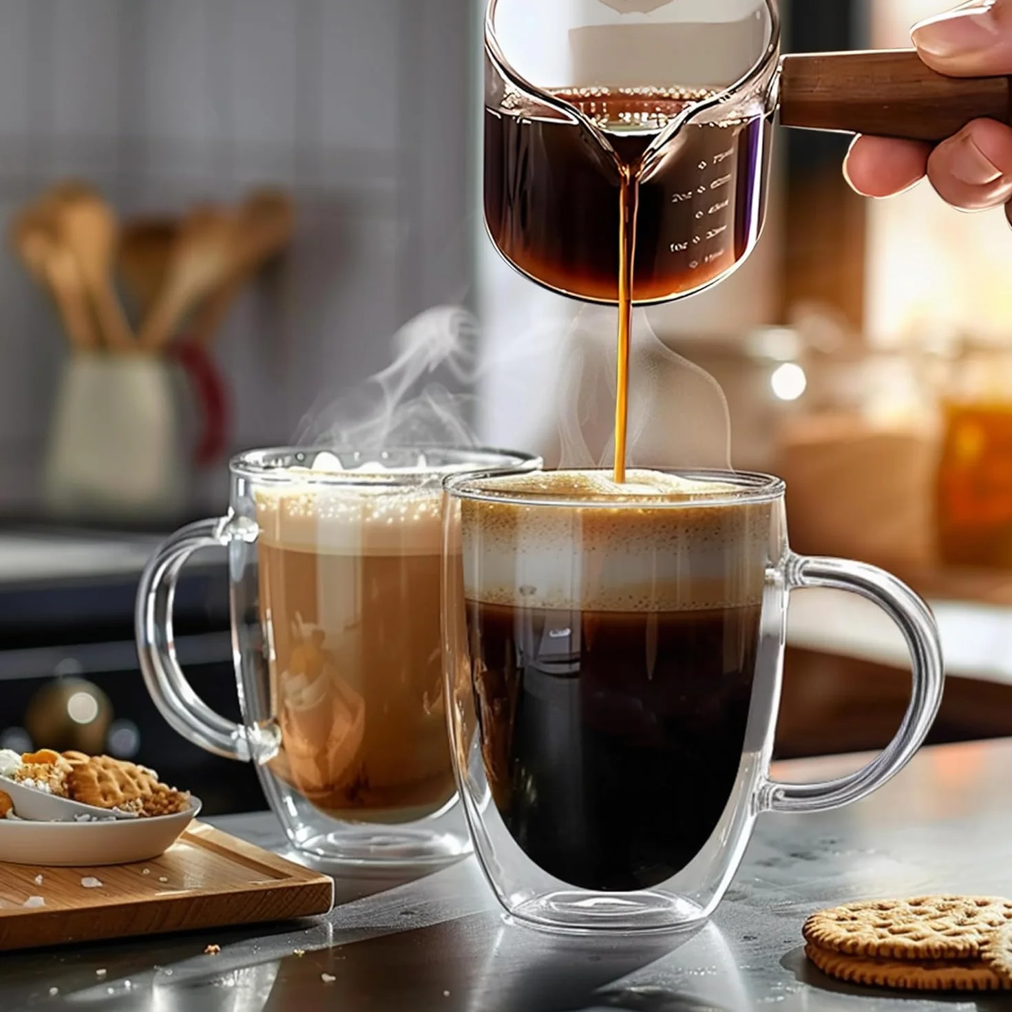 ERBO Szklanki do kawy o podwójnych ściankach 350 ml, szklanki do latte macchiato, 2 sztuki szklanek do kawy z uchwytem, podwójne ścianki cappuccino latte szklanki do herbaty