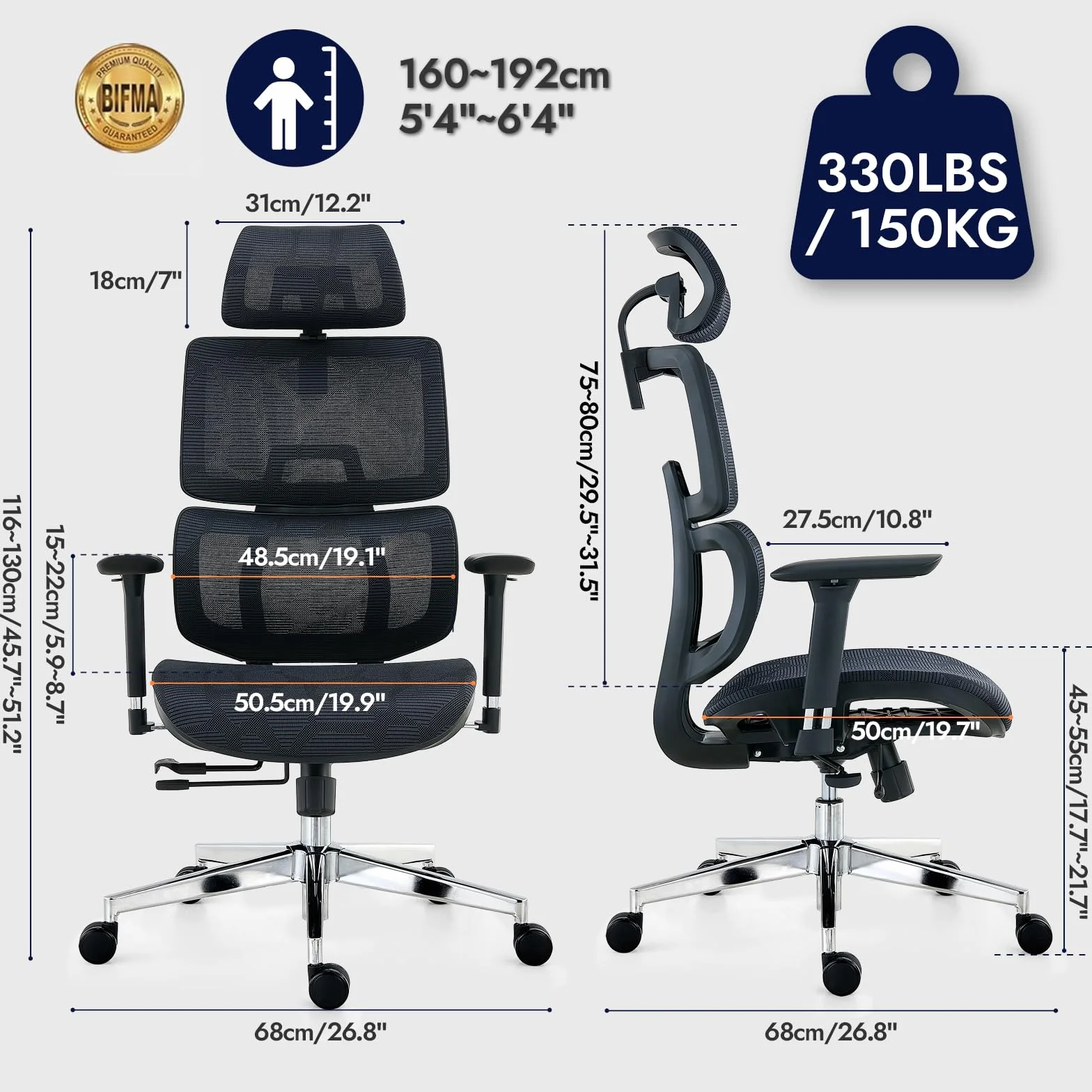 Ergonomiczne krzesło biurowe, ALL-Mesh wysokie oparcie, domowe krzesło biurowe, podparcie lędźwiowe, fotel gamingowy, regulowane podłokietniki i zagłówek 3D, duże i wysokie obrotowe krzesło