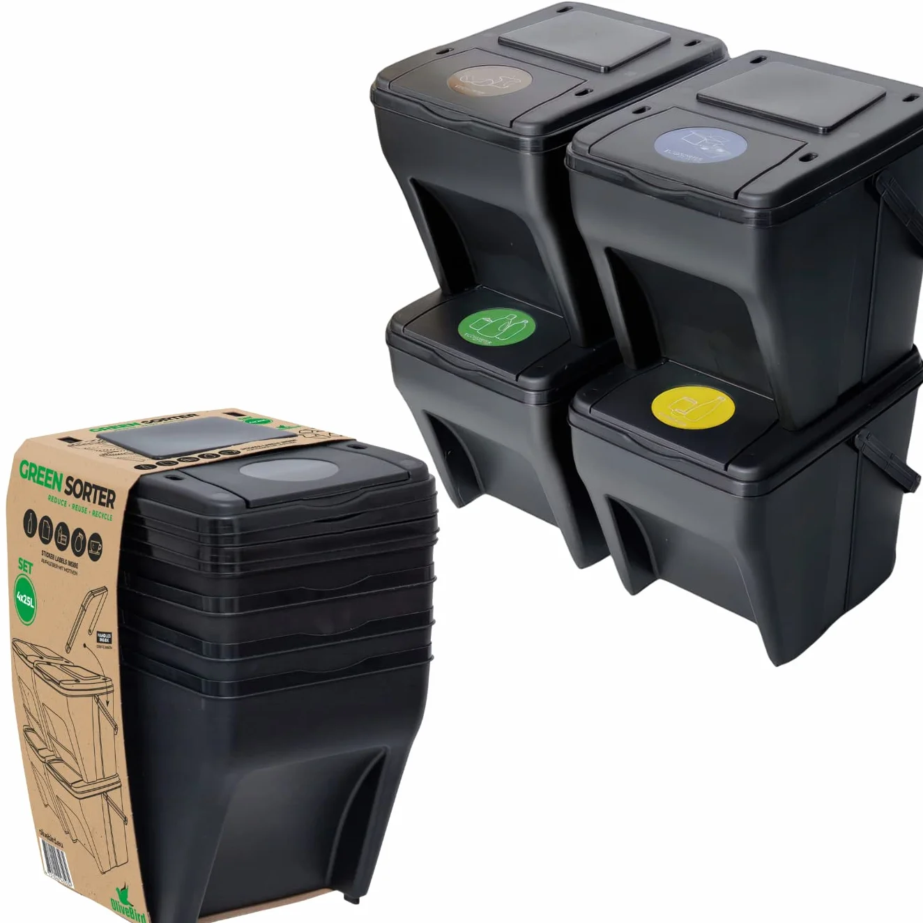 Rubbish Bin Waste Bin Separation system 100L - 4x25L bin Eco-Sorter Waste Sorter 4 Colours
