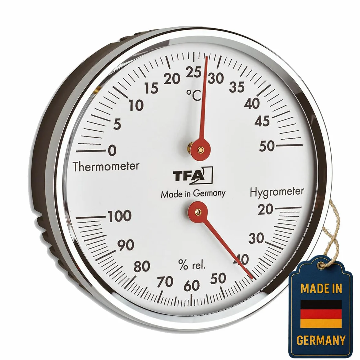 TFA Dostmann Analogowy termohigrometr 45.2041.42, z metalowym pierścieniem, do kontroli temperatury i wilgotności powietrza, wyprodukowano w Niemczech, srebrny, dł. 120 x szer. 29 x wys. 235 mm