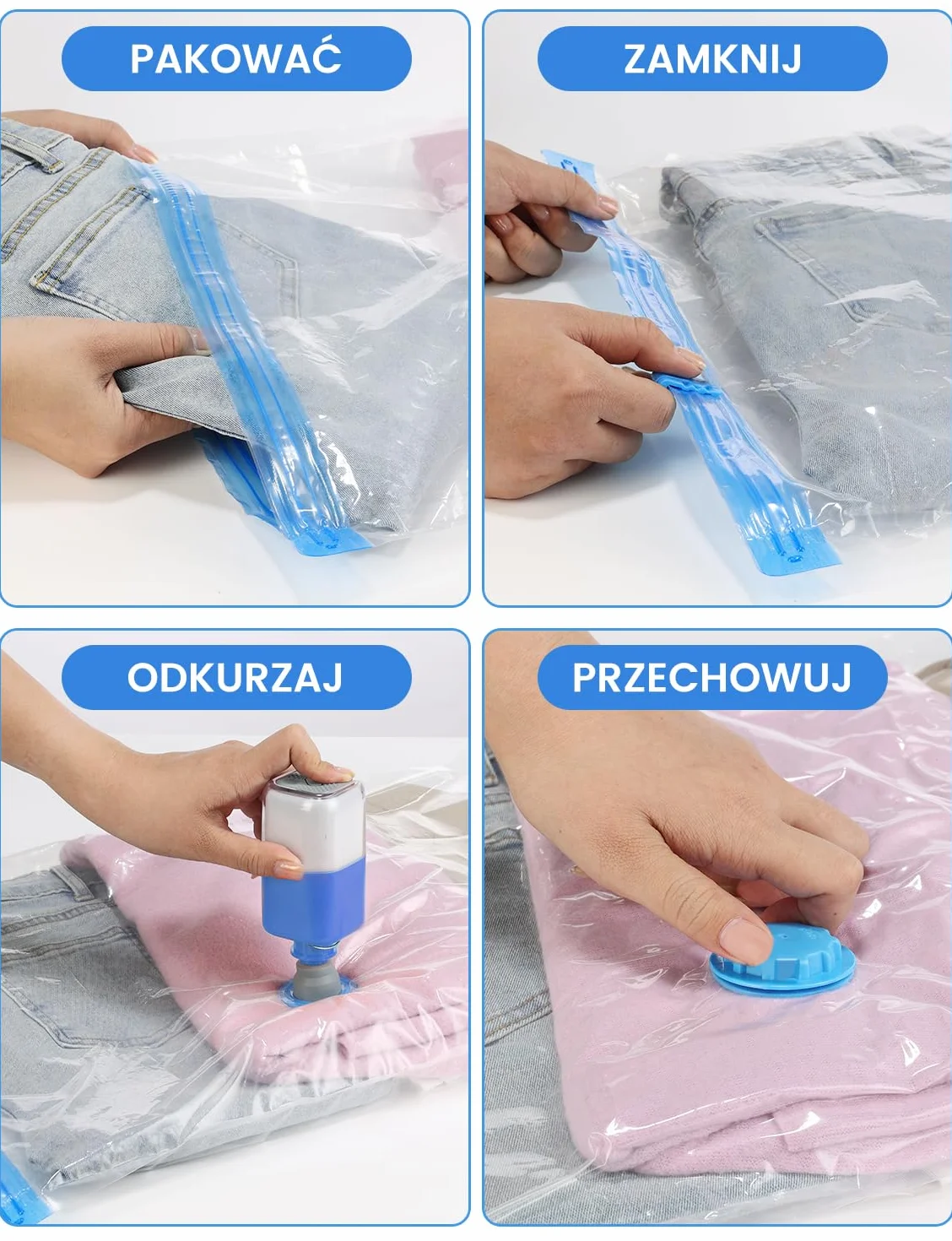 Worki próżniowe do ubrań, torby próżniowe do odzieży 8 sztuk 2XL 80 x 100 cm 2L 60 x 80 cm 2M 50 x 70 cm 2S 40 x 60 cm, worki próżniowe do przechowywania ubrań, pościeli, kołdry, poduszek i koców