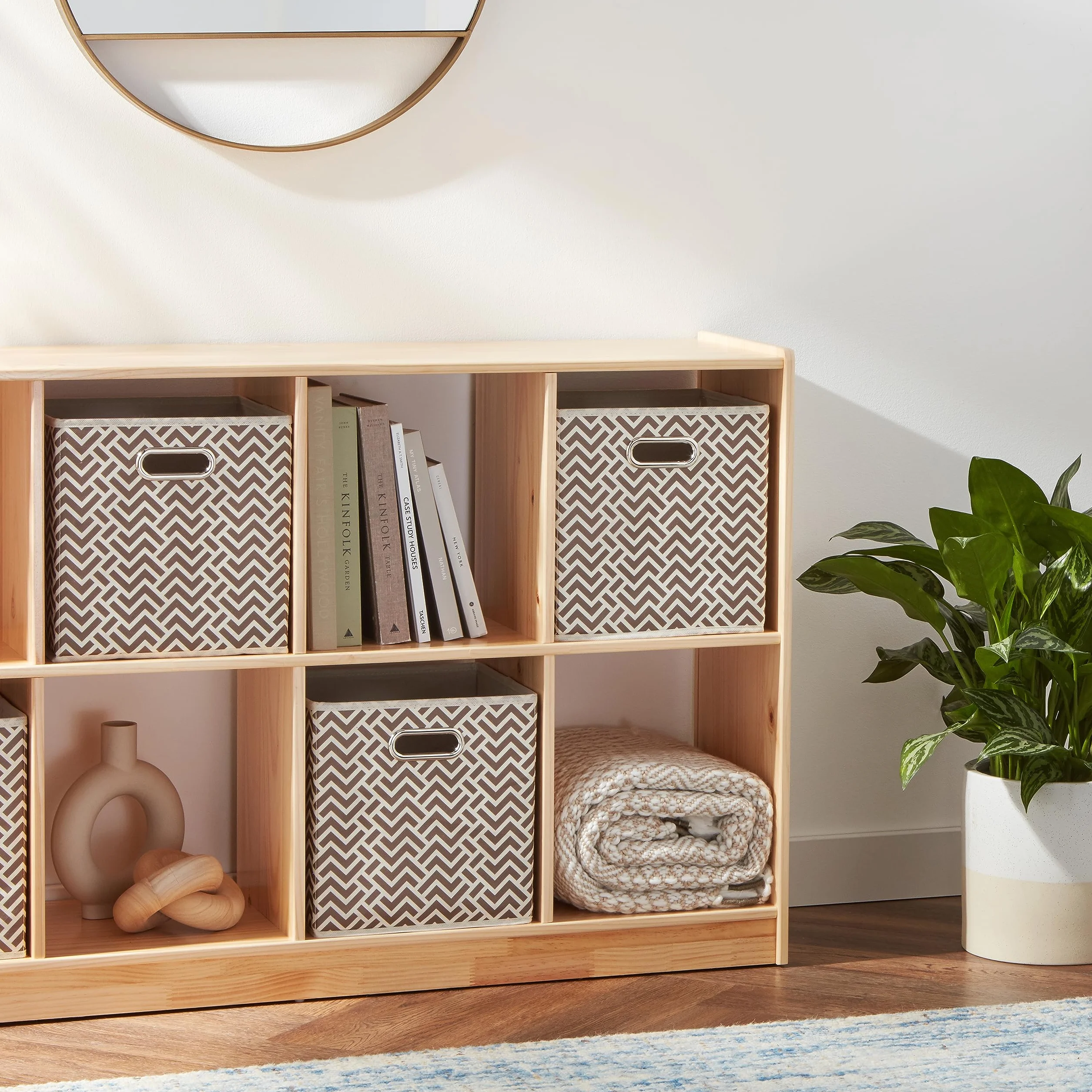 Amazon Basics Składane kostki do przechowywania z tkaniny, z owalnymi otworami, 26,7 x 26,7 x 28 cm, brązowe (Chevron Taupe), opakowanie 6 sztuk