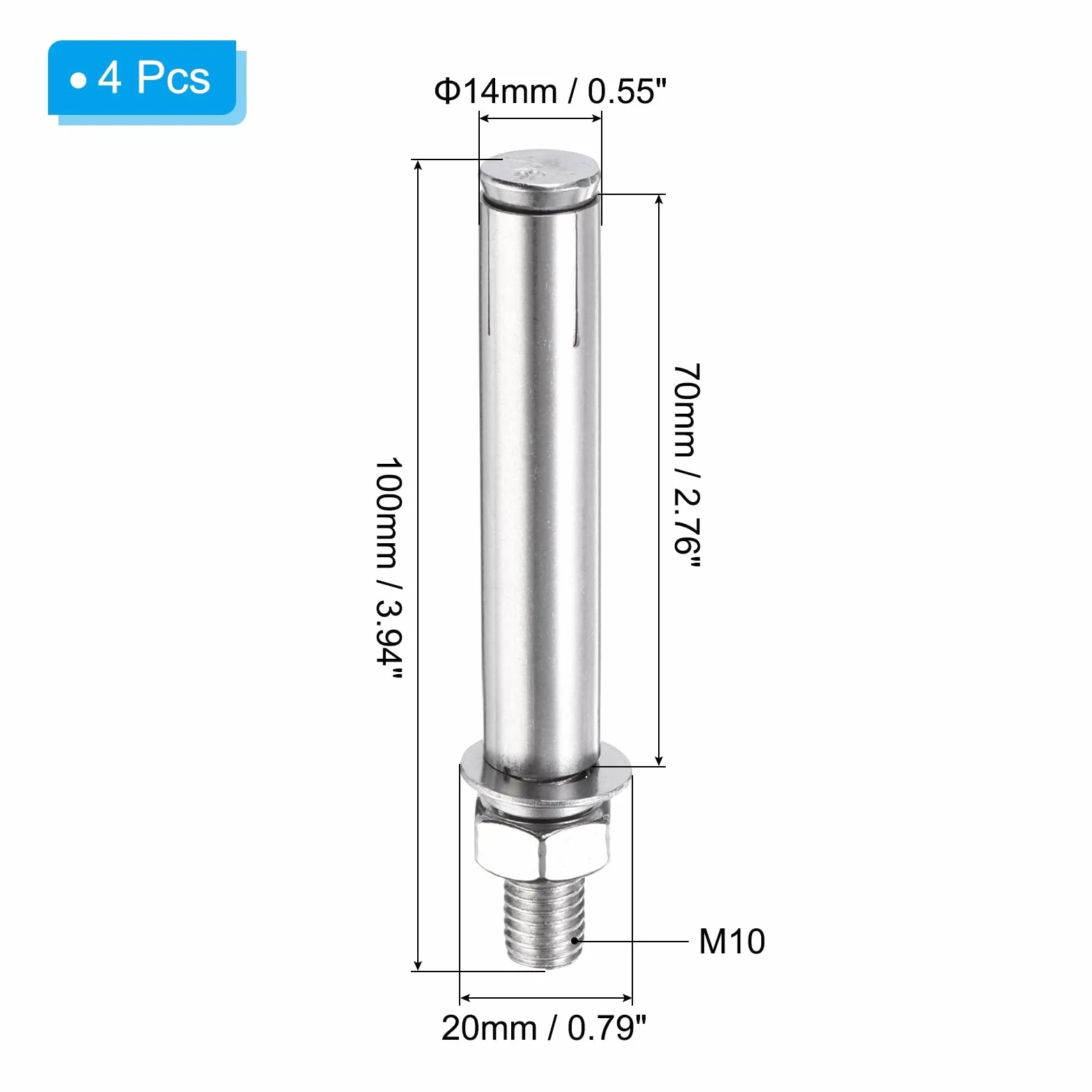 PATIKIL M10 x 100 mm śruby rozprężne, 4 szt. 304 śruby rozszerzające ze stali nierdzewnej do kotwicy do ściany betonu cegły płyt gipsowo-kartonowych klimatyzatora, srebrny