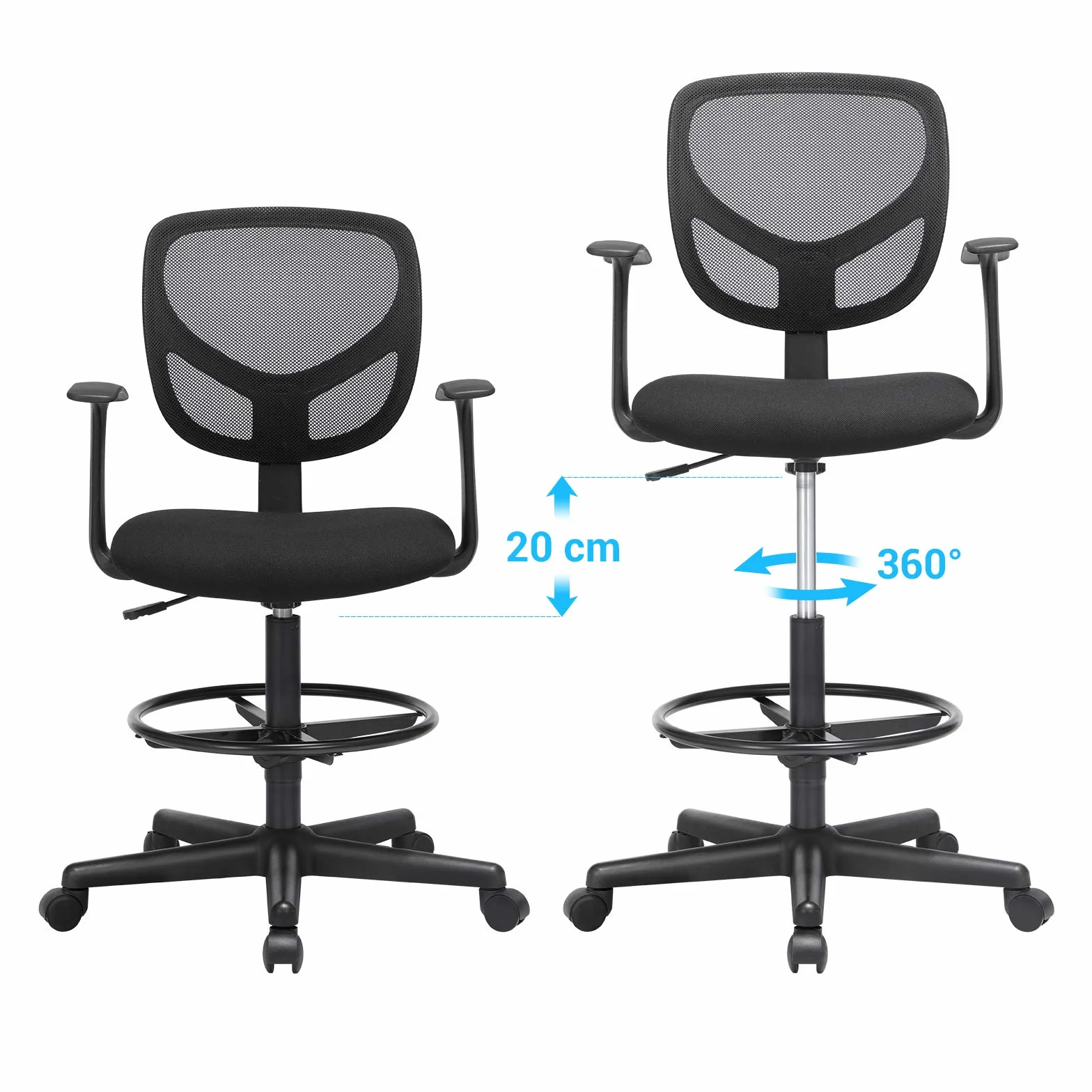 SONGMICS Krzesło biurowe, lniane siedzisko, ergonomiczne siedzisko, taboret, z podnóżkiem z regulacją wysokości, obracany o 360°, do biura stojącego, kolor czarny OBN25BK