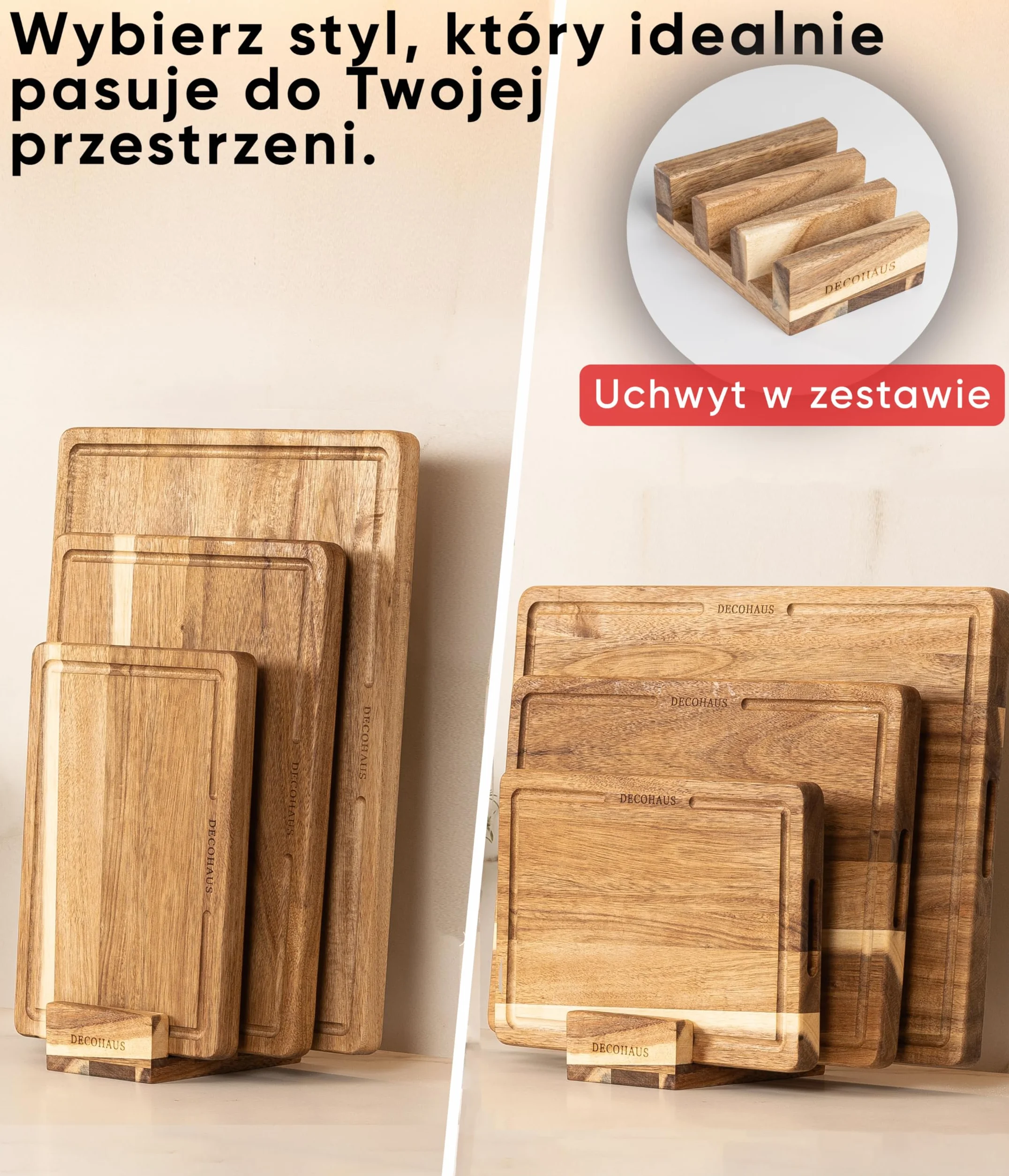 Deco haus Zestaw 3 desek do krojenia z drewna akacjowego 2 cm z rowkiem na sok 40x30 33x24 26x18