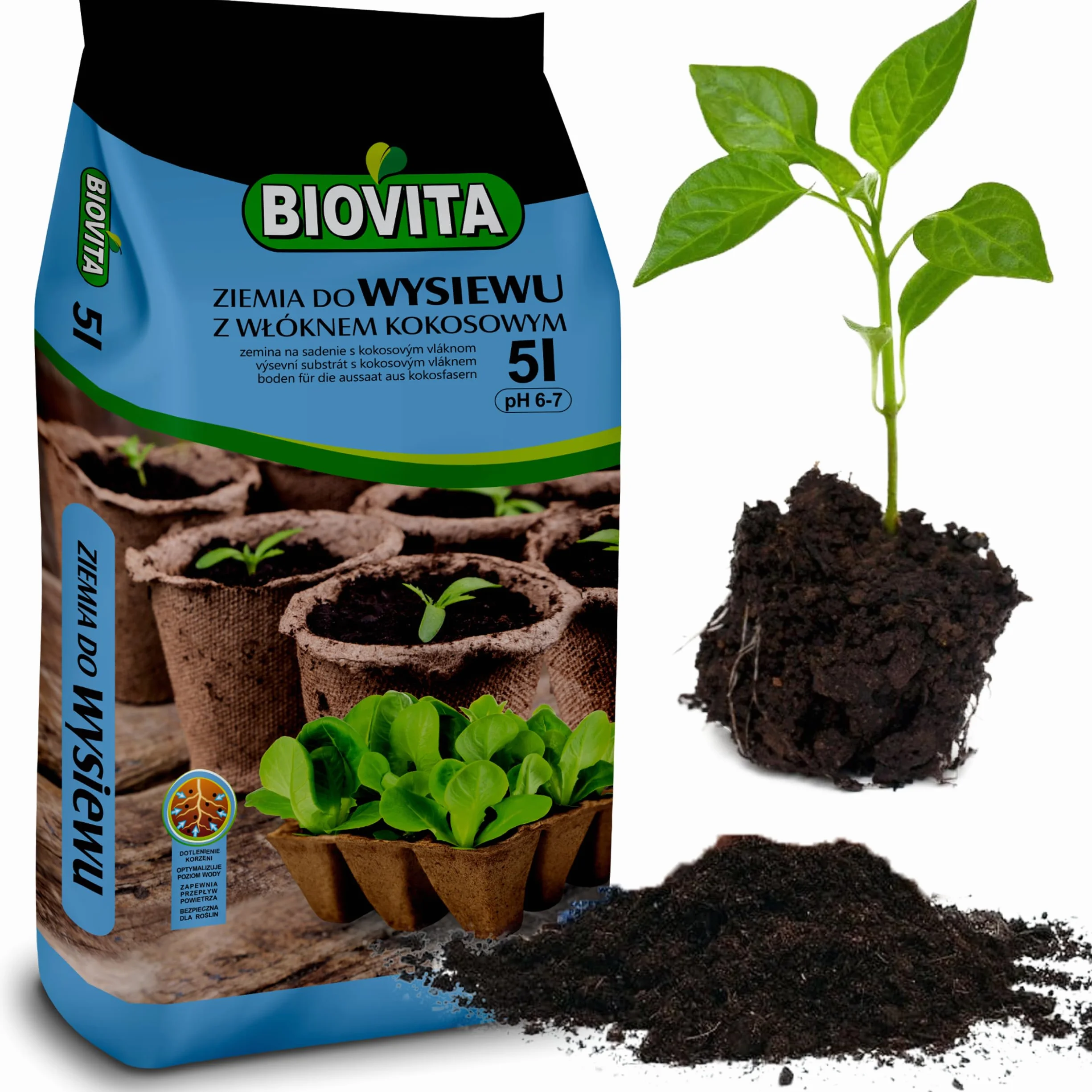 BIOVITA Do wysiewu z włóknami kokosowymi, 5 l, wieloskładnikowa ziemia do roślin, gotowa do użycia, ziemia pochodzenia naturalnego