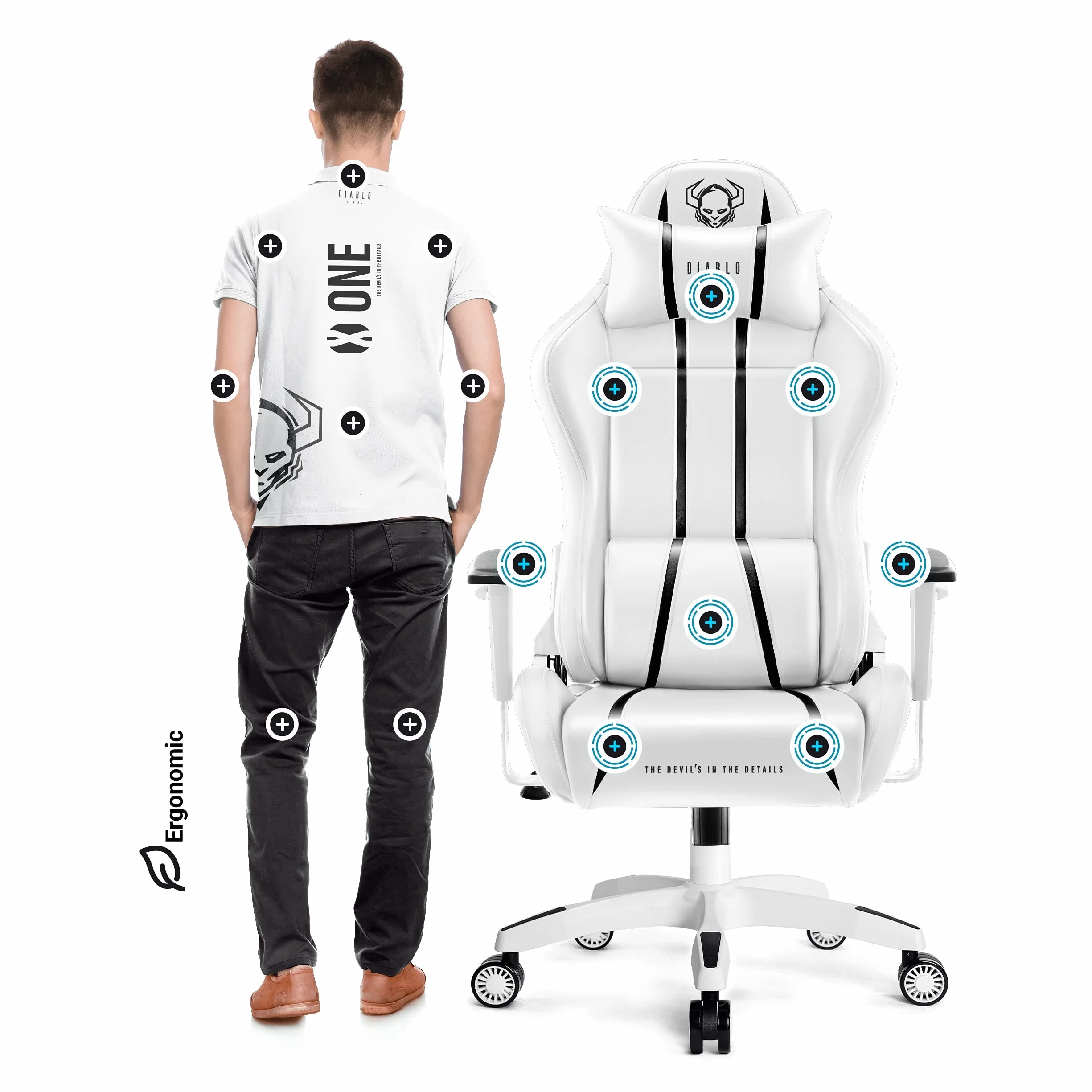 Diablo X-One 2.0 Fotel Gamingowy Krzesło Biurowe Dla Gracza Obrotowy Regulowane Podłokietniki Ekoskóra Ergonomiczny Design Funkcja Bujania Poduszka Pod Kark i Lędźwie (Biało-czarny, Normal)