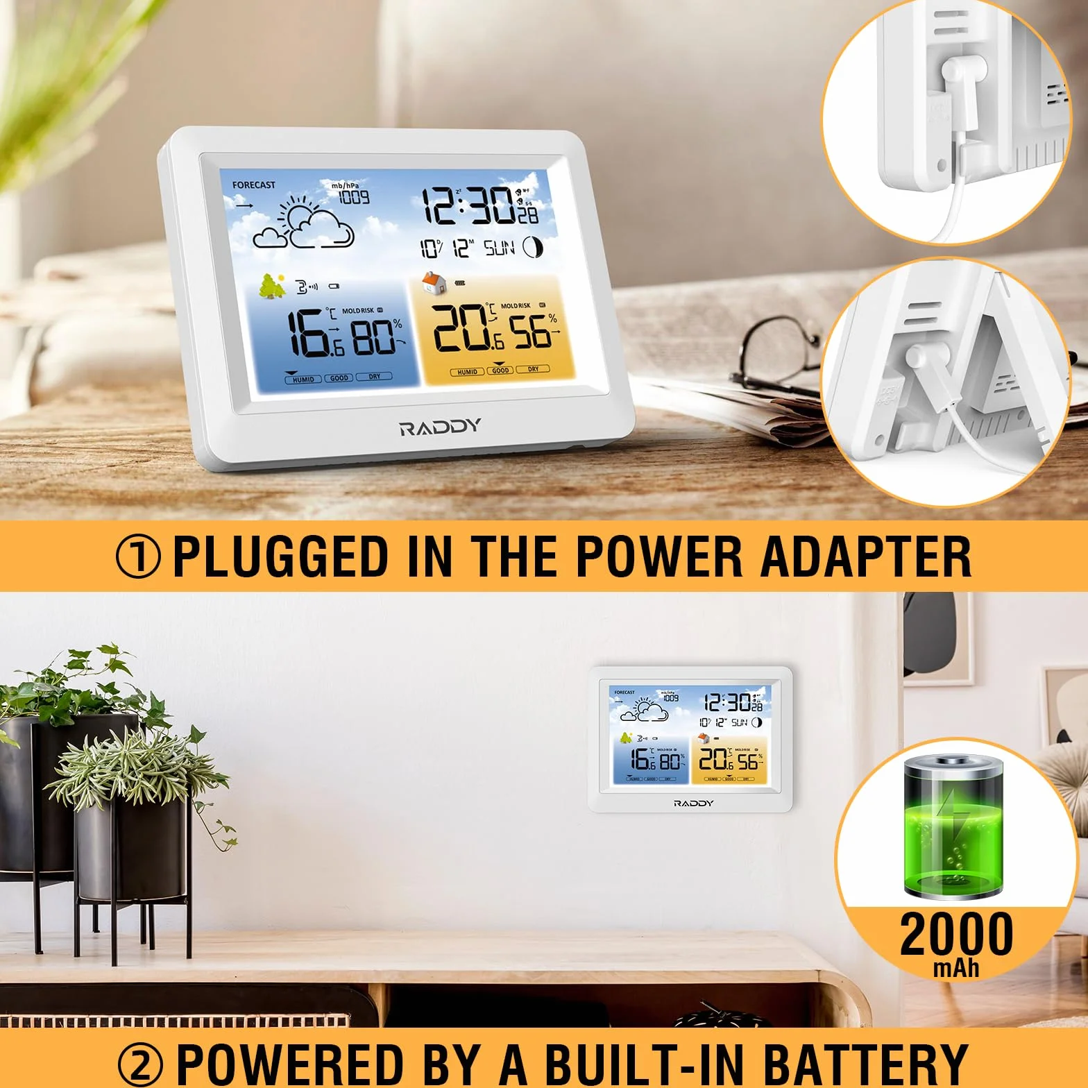 Bezprzewodowa stacja pogodowa Raddy WM6 ze zdalnym czujnikiem, wbudowaną baterią 2000 mAh, barometrem, zegarem DCF, prognozą pogody, ostrzeżeniem o ryzyku pleśni, kolorowym wyświetlaczem biały
