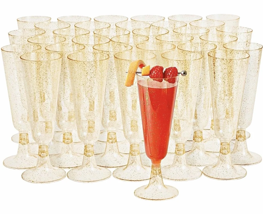 MATANA 50 Eleganckich Plastikowych Filiżanek do Szampana z Złotym Brokatem, 150 ml - Wytrzymałe i Wielokrotnego Użycia - Koktajle, Prosecco, Mimosa - Urodziny, Wesela, Boże Narodzenie i Imprezy