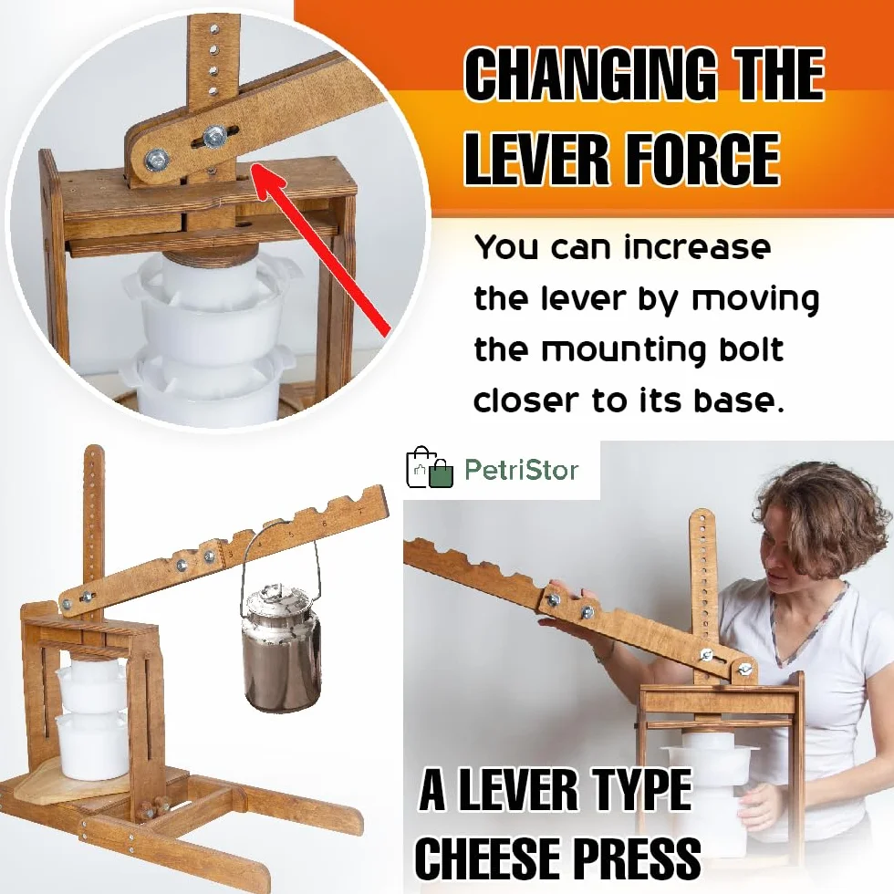 Dutch Wooden Cheese Press - Cheese Making Kit with Lever, 2 Cheese Molds & 200 lbs Pressure