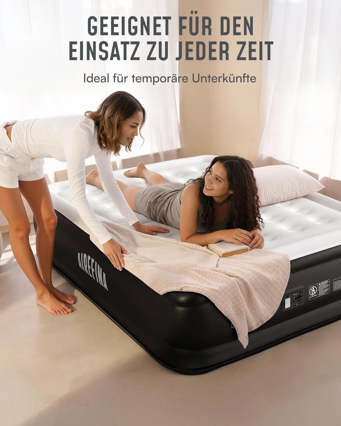 Airefina Łóżko dmuchane dla 2 osób, samopompujący się materac z wbudowaną pompką, nadmuchiwany materac w 3 minuty, na kemping i do użytku domowego, trwałe łóżko dla gości – 203 x 152 x 46 cm