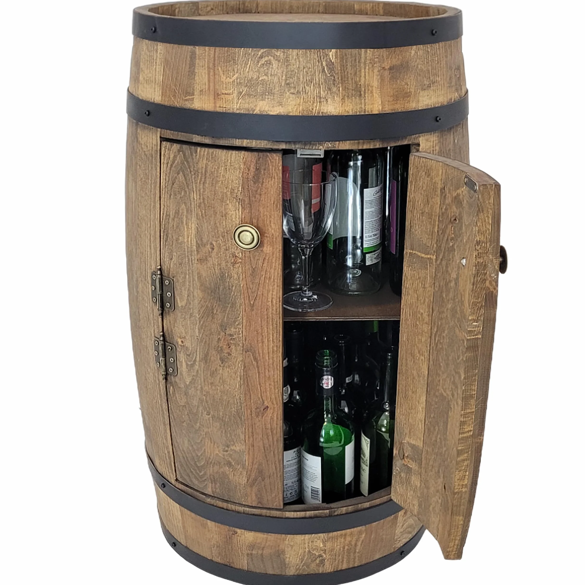 Barek z 2 drzwiczkami, drewniana beczka XL na wino – ręcznie robiony regał na butelki bar vintage, szafka na whisky, piwo, wino, prezent dla mężczyzny