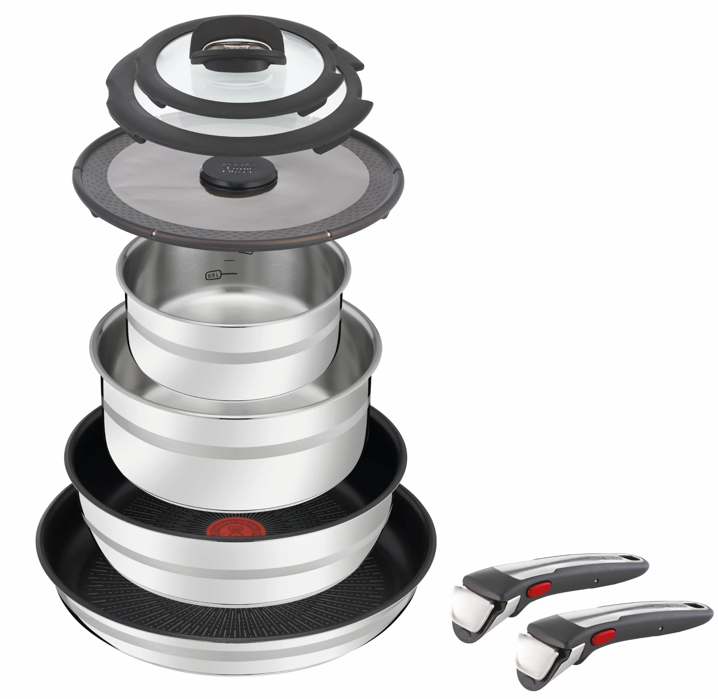TEFAL E3060634 Jamie Oliver, zestaw, rondle 1.7L/2.8L, patelnie 24/28 cm, stal nierdzewna, tytanowa powłoka patelni, nieprzywierająca, indukcja, srebrne