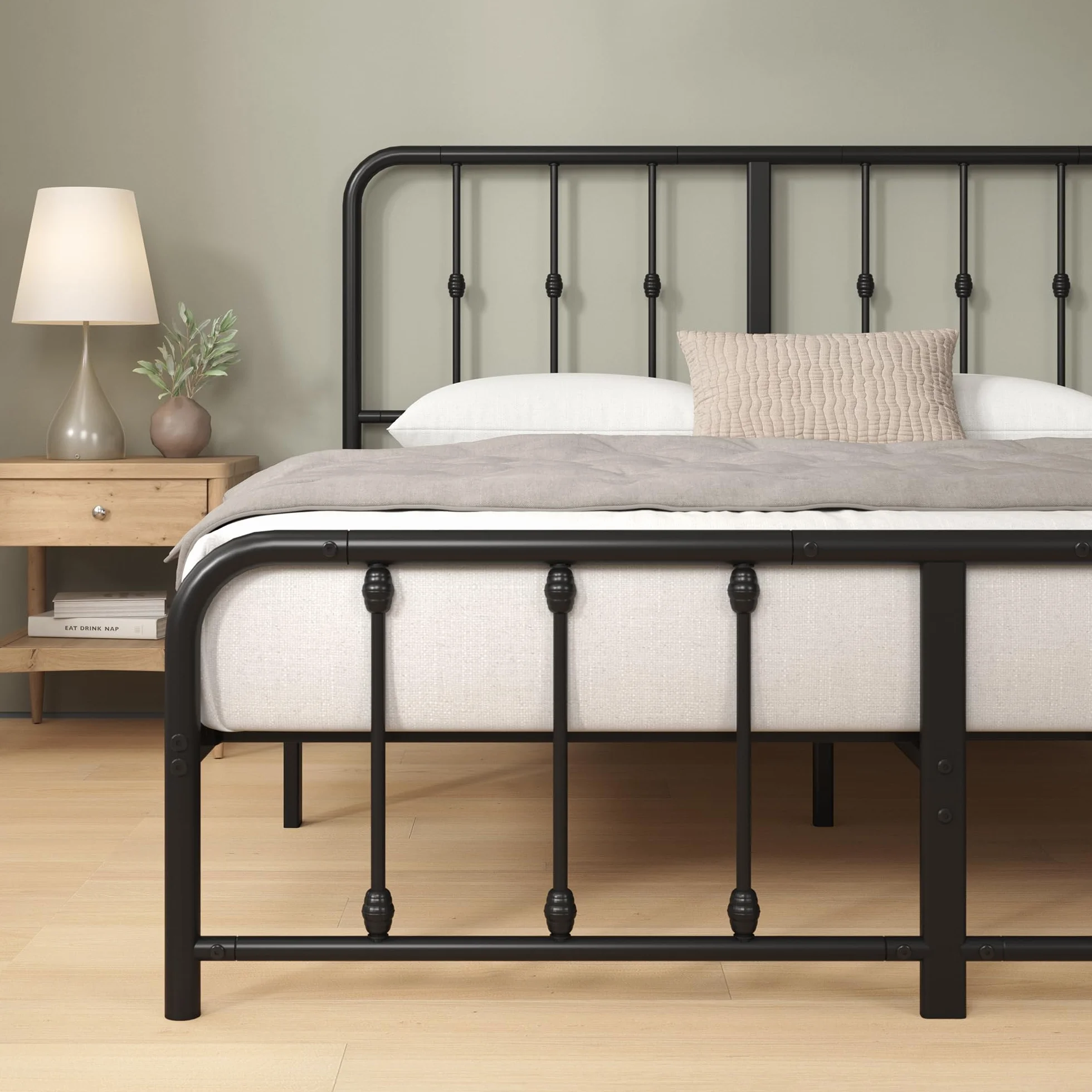 Zinus Florence Łóżko 140 x 200 cm – 35 cm wysokości – metalowa rama łóżka z zagłówkiem i podnóżkiem – łóżko ze stelażem – rama łóżka w stylu vintage – miejsce do przechowywania pod łóżkiem – czarne
