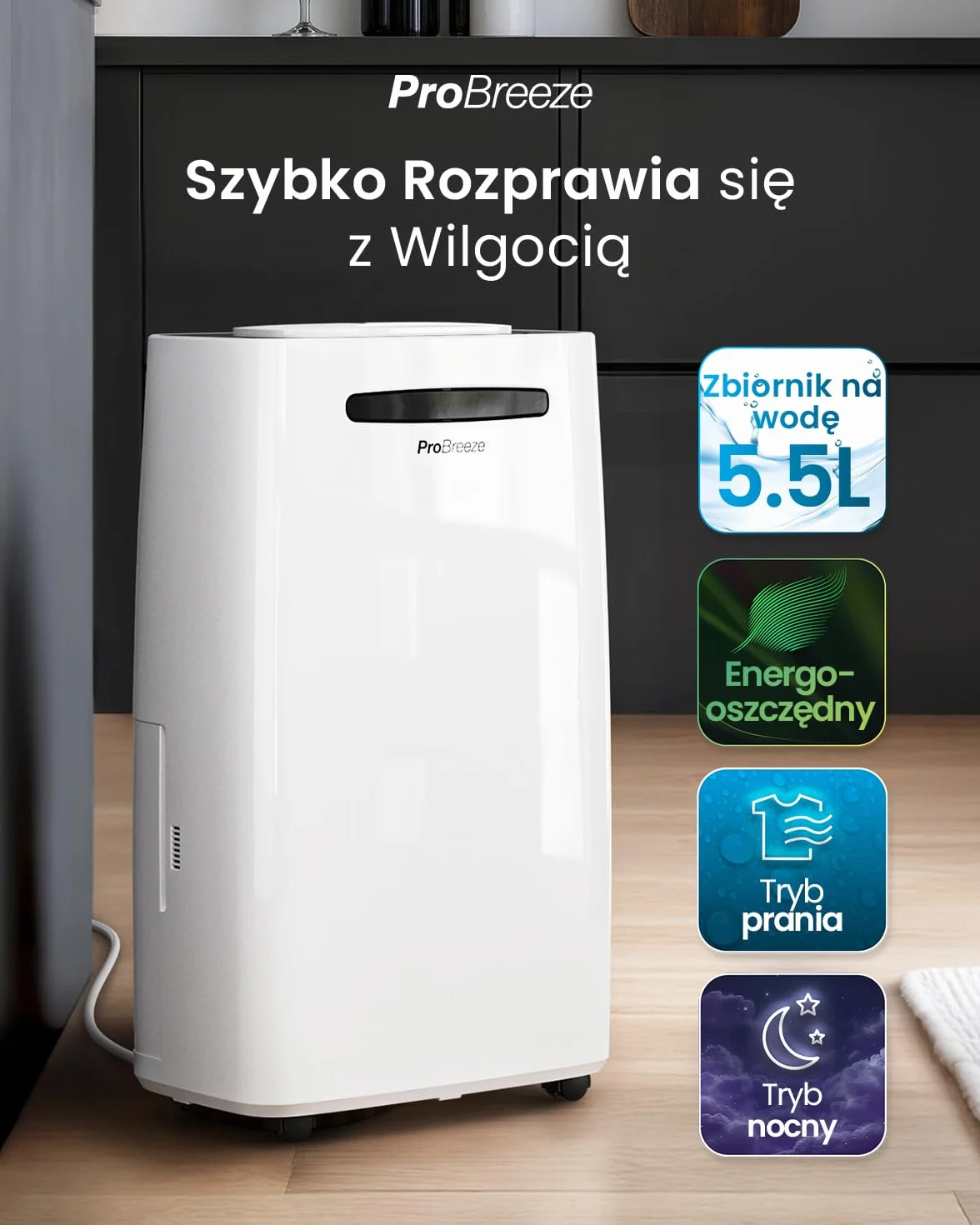 Osuszacz powietrza Pro Breeze 20 l/dobę z cyfrowym wyświetlaczem wilgotności, trybem uśpienia, ciągłym odprowadzaniem wody, suszeniem prania i 24-godzinnym wyłącznikiem czasowym
