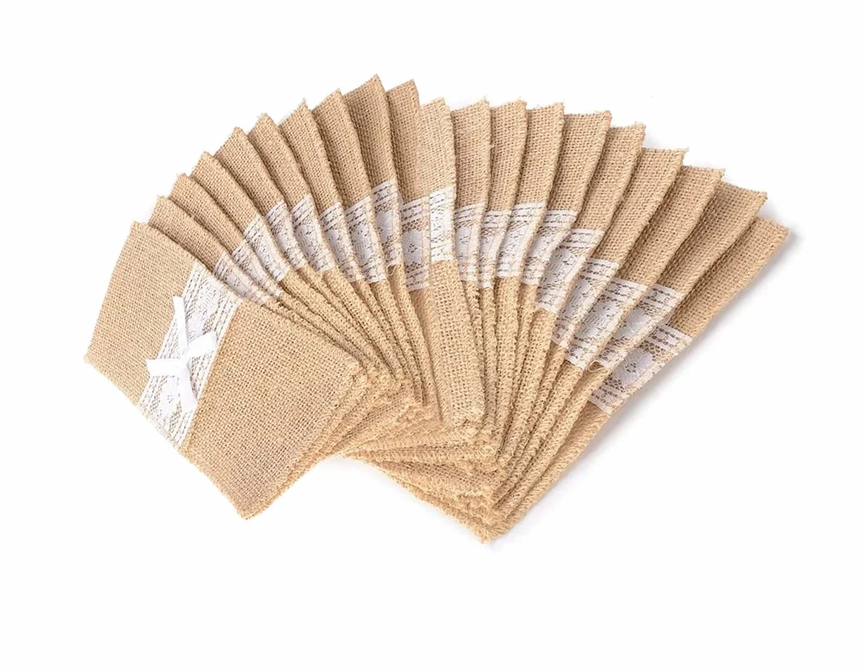 Naturalna konopa koronkowe narzędzie uchwyty na sztućce etui jutowe serwetki torby vintage wesele kolacja Święto Dziękczynienia bankiet zastawa stołowa dekoracje kokarda 20 sztuk