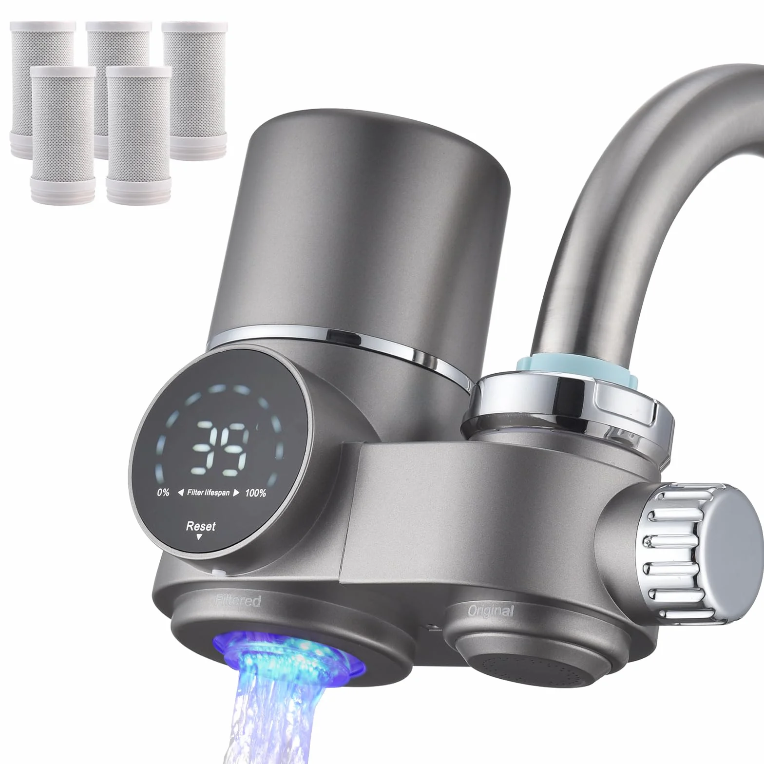 HOMELODY Filtr do wody kran z niebieskim światłem, 5 filtrów w zestawie, usuwa chlor, metale ciężkie i kamień, 12 x adapter