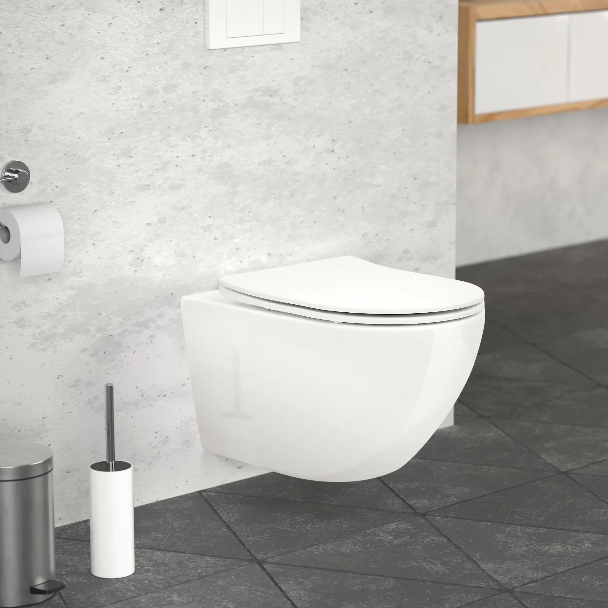 LuxeBath Toaleta wiszaca bez kolnierza 52 cm blyszczaca biel z powloka nano miska WC z wyjmowana deska Duroplastu mechanizm cichego opadania lejowa miska WC z ceramicznym efektem lotosu