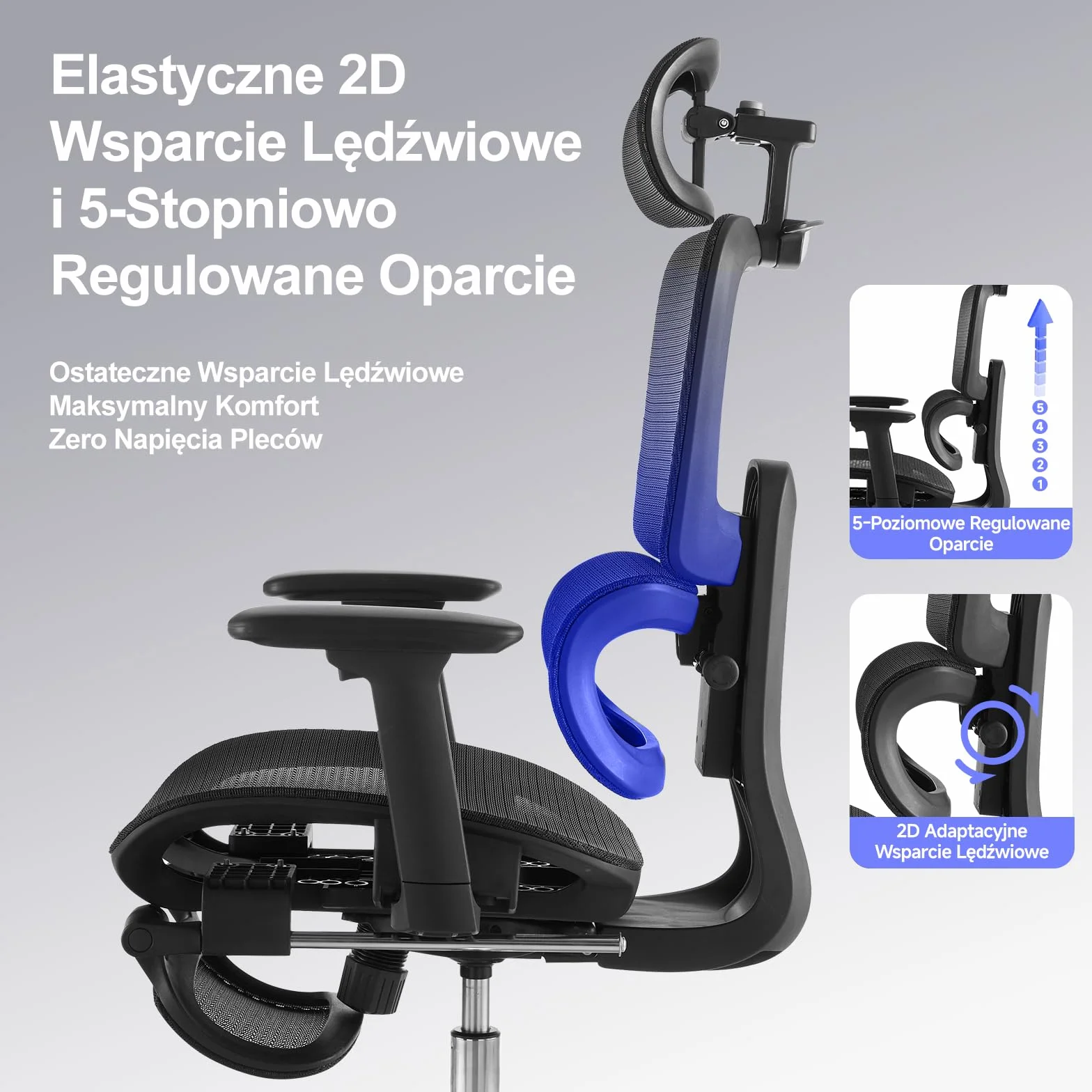 LarkLeaves Ergonomiczne Krzesło Biurowe z Podnóżkiem, 5-Stopniowe Regulowane Oparcie, 2D Podparcie Lędźwiowe, 3D Podłokietniki, Siatka z Poduszką na Szyję i Gumowe Kółka, Odchylenie 145°, Czarne
